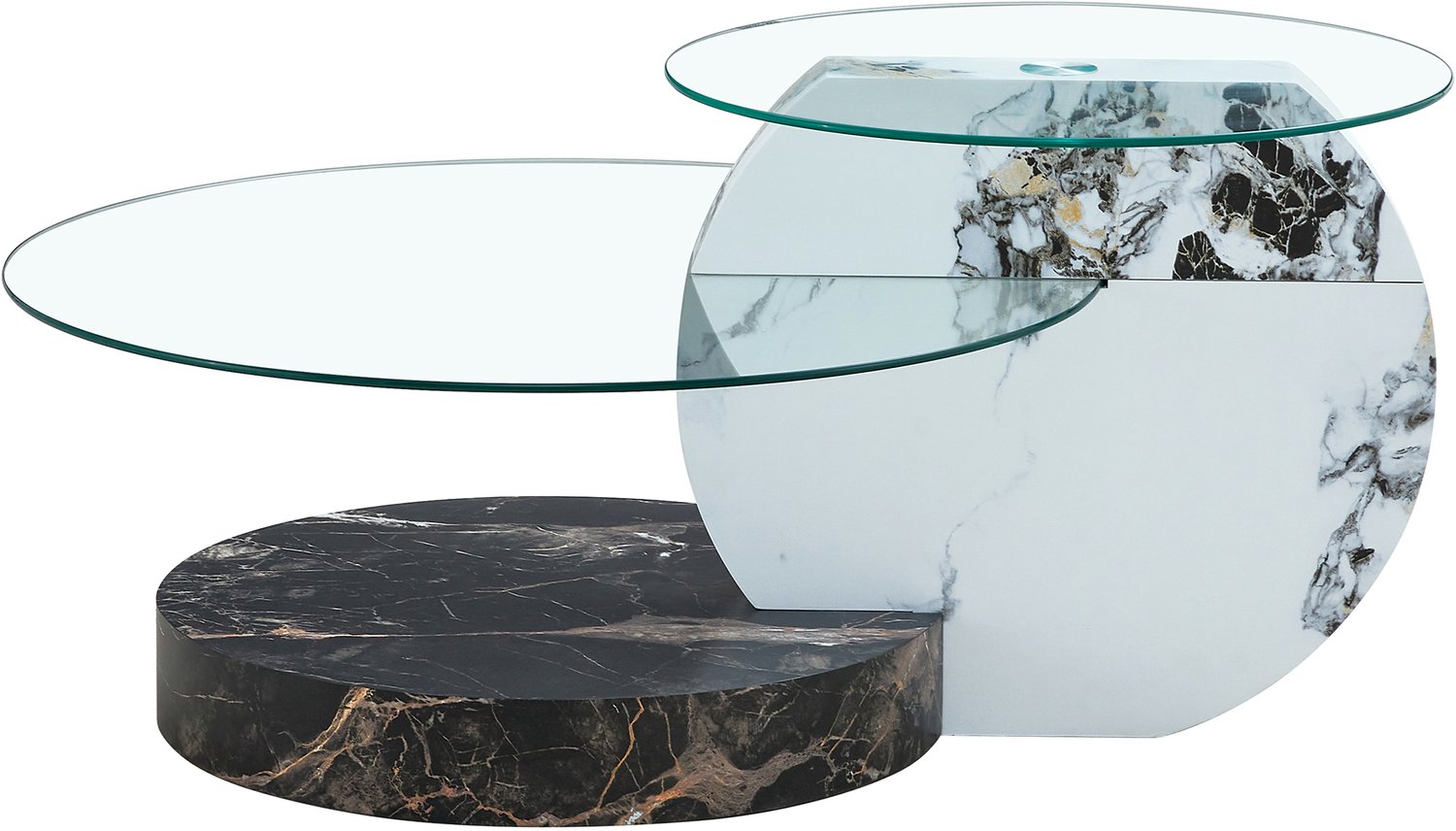 SONNENH Salontafel - Twee glazen niveaus en marmerlook - 90 x 70 x 44 cm - Transparant/zwart/wit