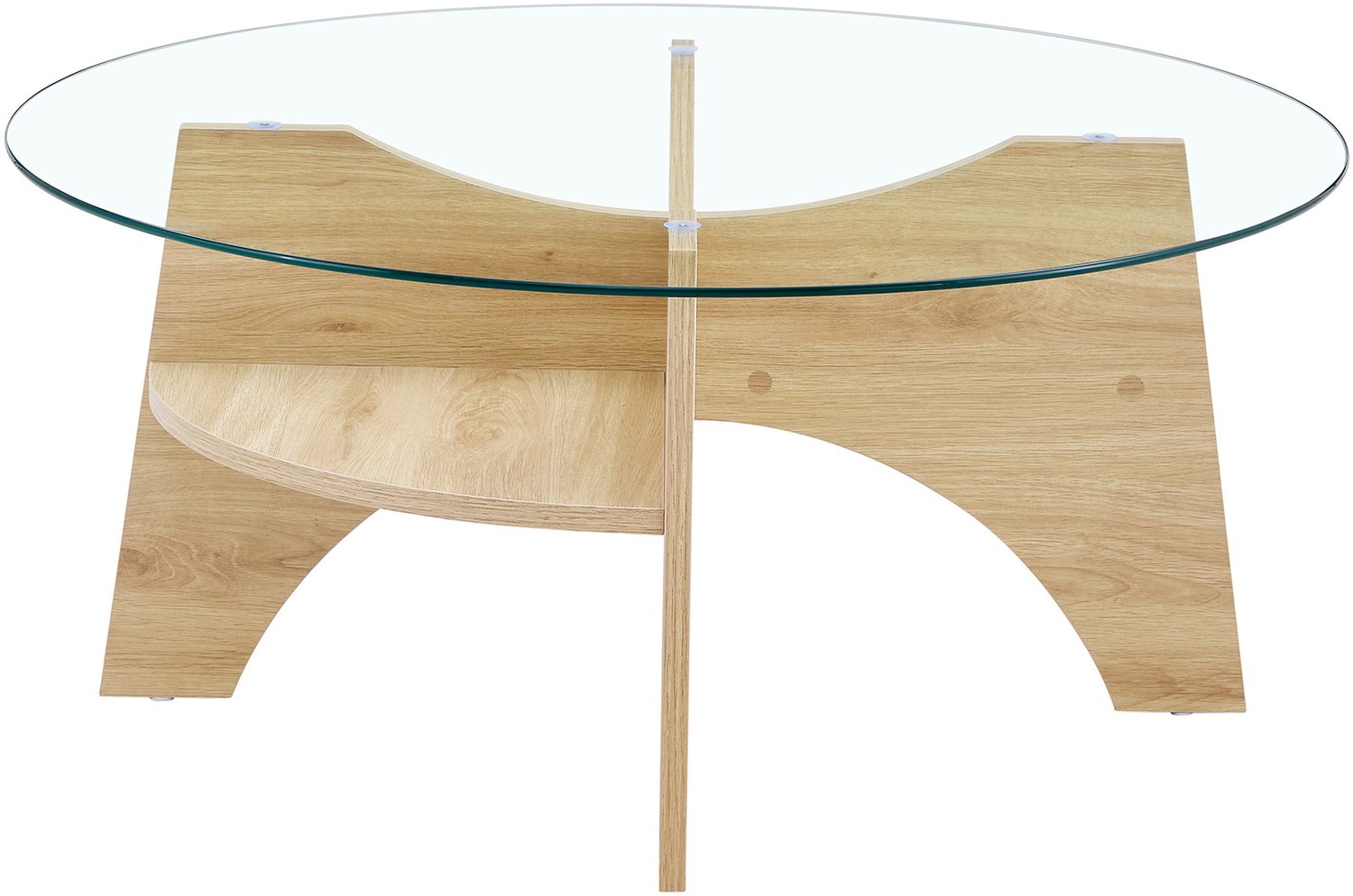 SONNENH Salontafel - Glazen blad met waaiervormig onderstel - 80 x 80 x 36 cm - Transparant/naturel houtlook