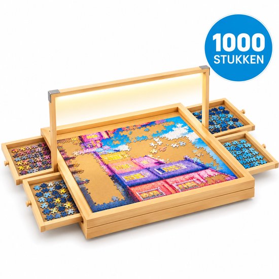 Houten puzzelbord met LED-lamp, vier sorteerlades en een puzzel van 1000 stukken.