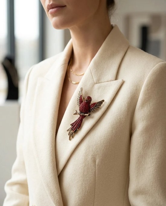 Vrouw draagt een vintage bronzen vogelbroche met rode zirkonia steentjes op een crèmekleurige blazer.