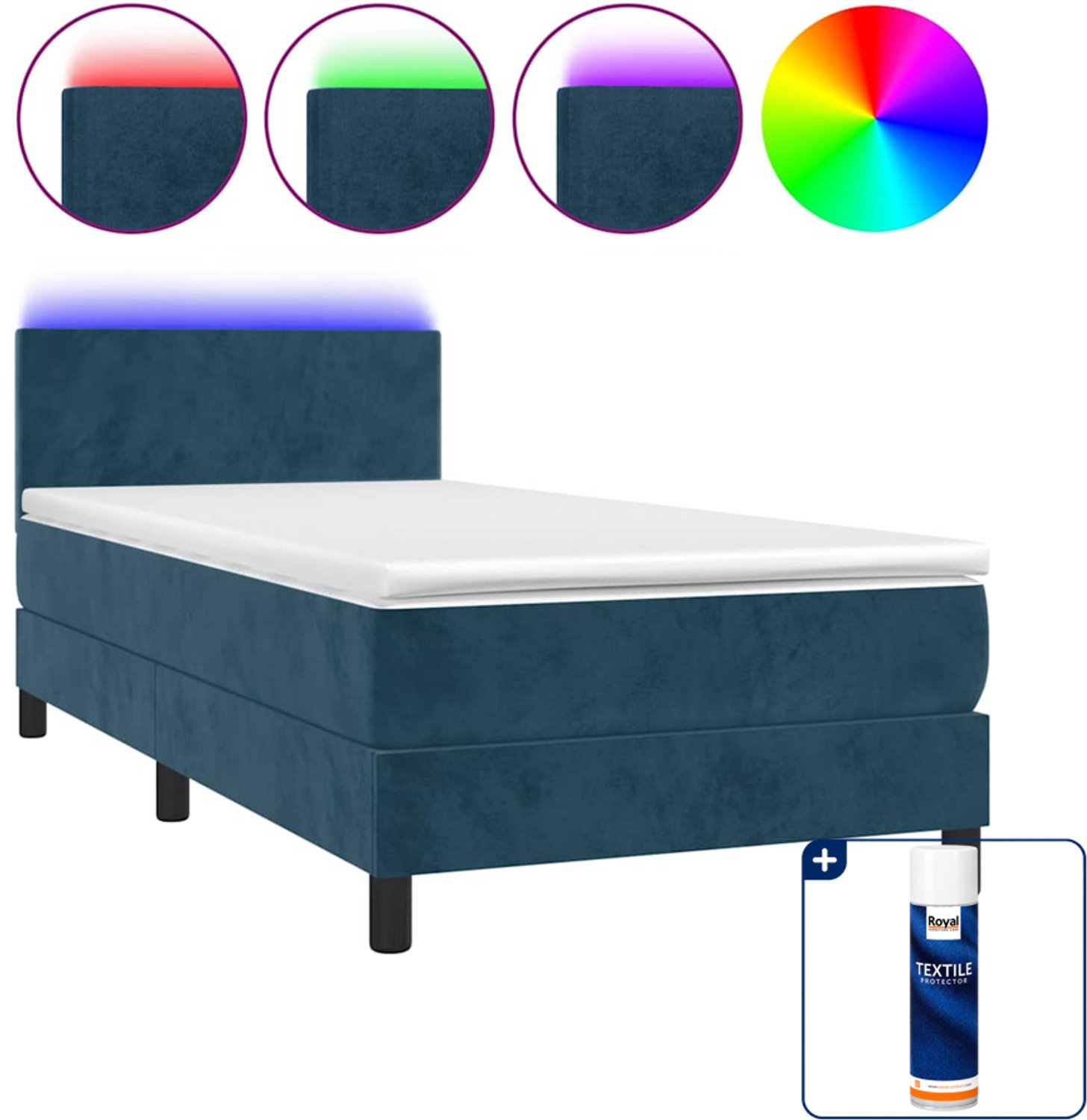 vidaXL boxspring met matras en LED - 90 x 190 cm - fluweel - donkerblauw - Inclusief textielbeschermer 500 ml