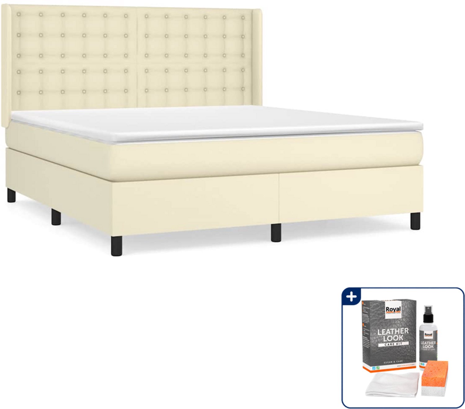 vidaXL boxspring - Queensize 160 x 200 cm - kunstleer - crème - Inclusief onderhoudsset voor kunstleer 150 ml