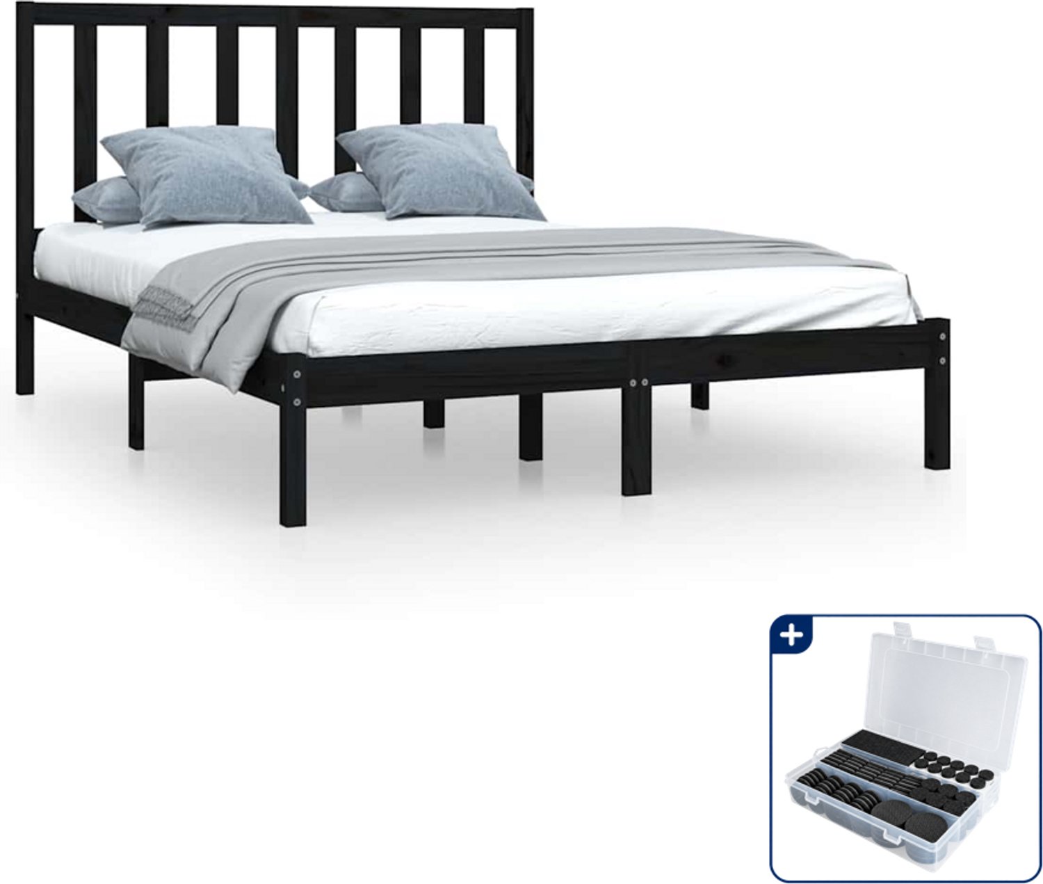 vidaXL bedframe - 140 x 190 cm - massief grenenhout - zwart - Inclusief antikrasvilt 177-delig Blauw