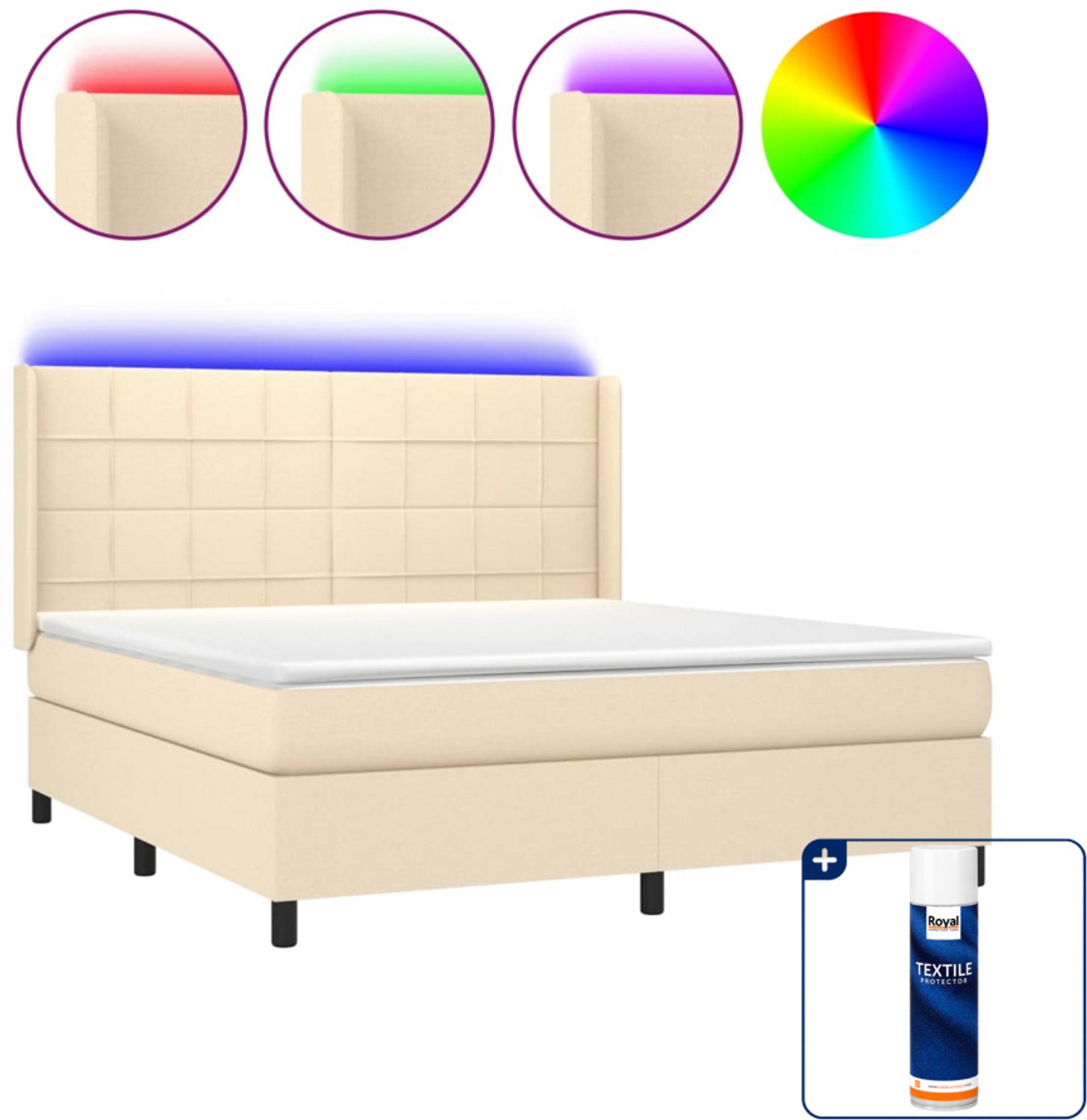 vidaXL Boxspring Queensize - 160 x 200 cm - stof - crème - Inclusief textielbeschermer 500 ml