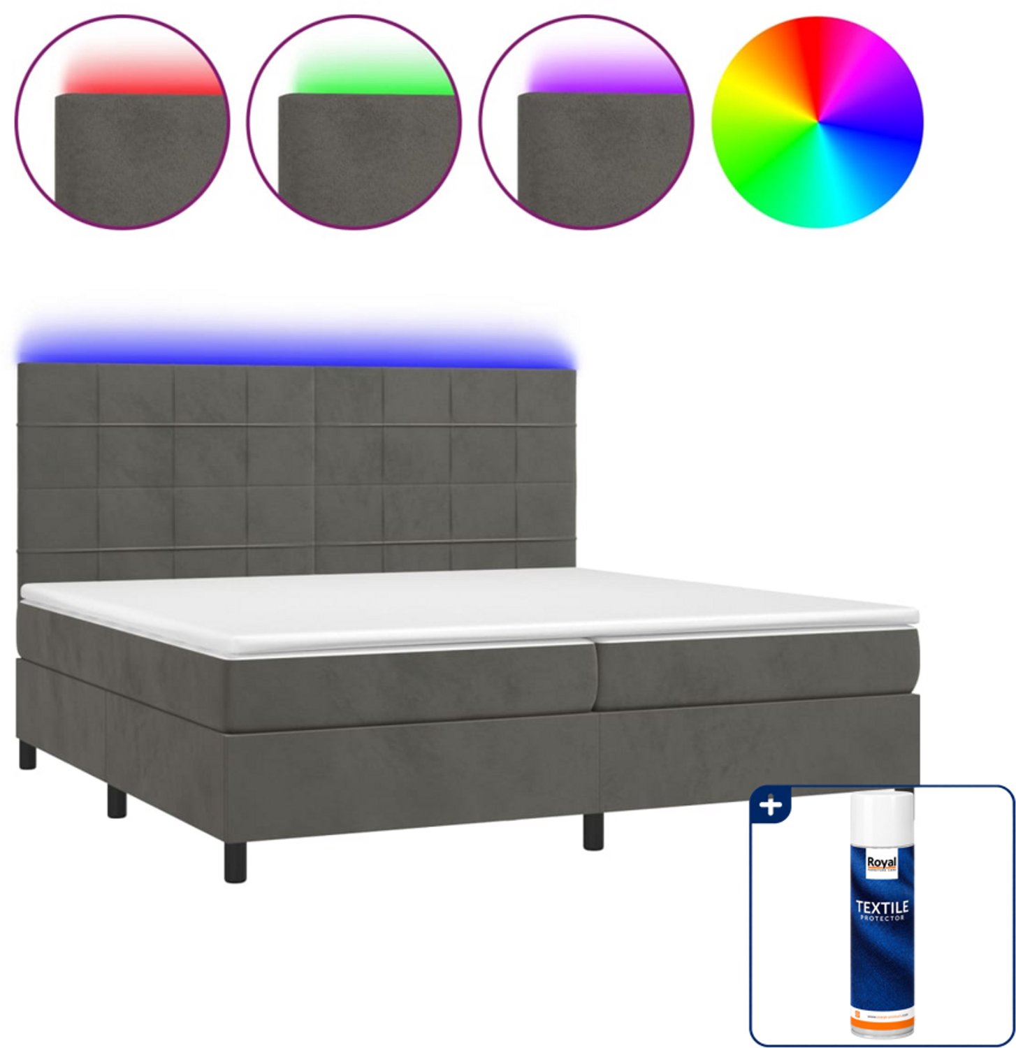 vidaXL Boxspring Super kingsize - 200 x 200 cm - fluweel - donkergrijs - Inclusief textielbeschermer 500 ml