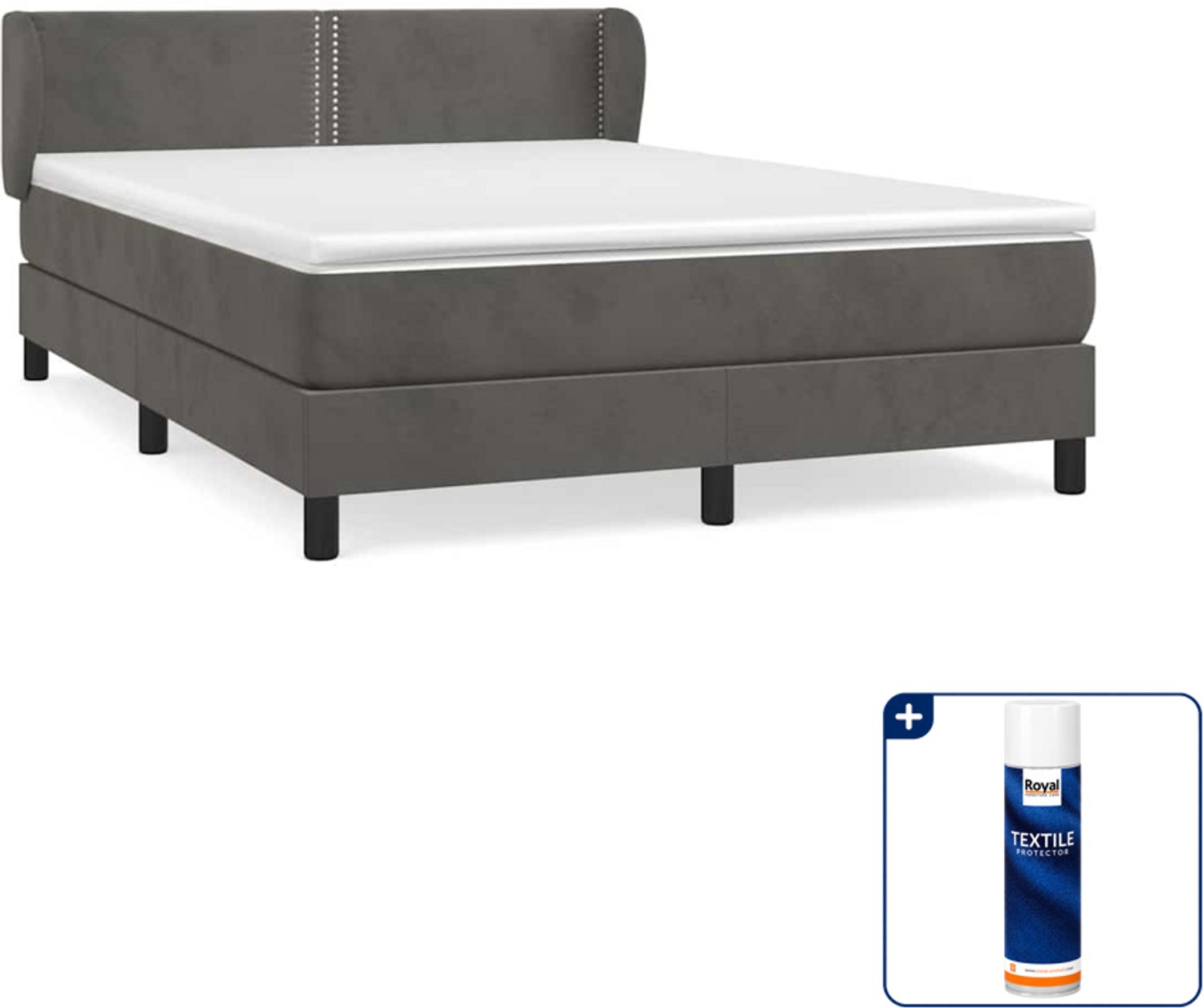 vidaXL boxspring met matras - 140 x 190 cm - fluweel - donkergrijs - Inclusief textielbeschermer 500 ml