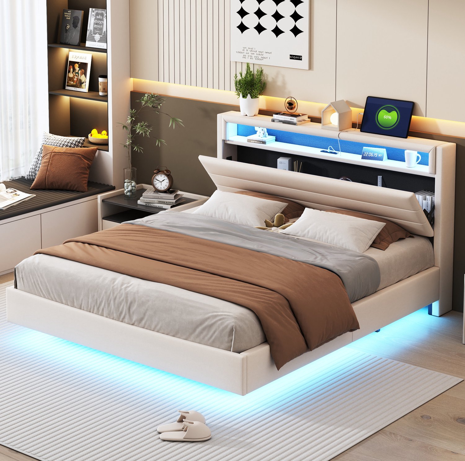 Maisentiel Gestoffeerd tweepersoonsbed 160 x 200 cm - beige - LED, USB en opbergruimte