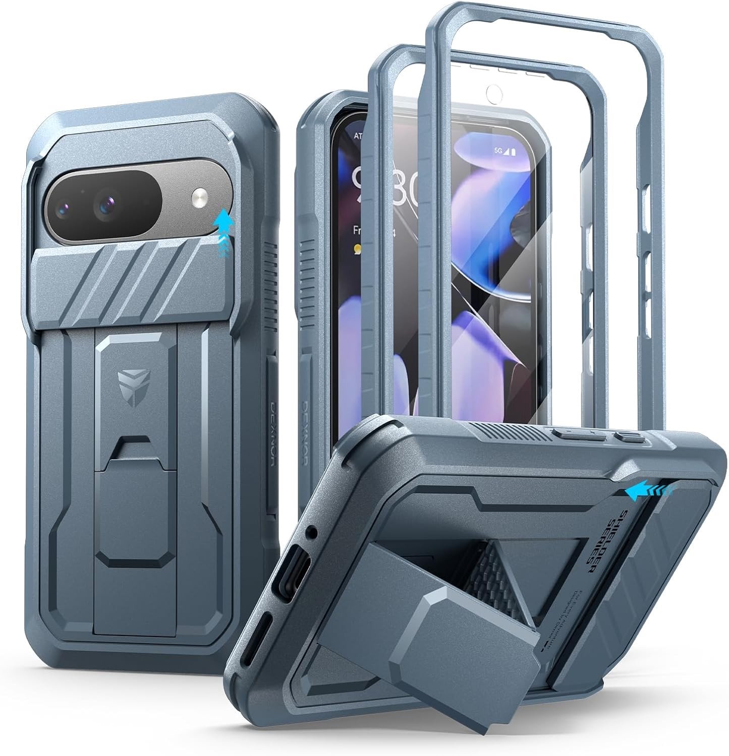 Shockproof Hoes voor Google Pixel 9 met Camera Cover, Screen Protector en Kickstand - Blauwe Bescherming voor Smartphone
