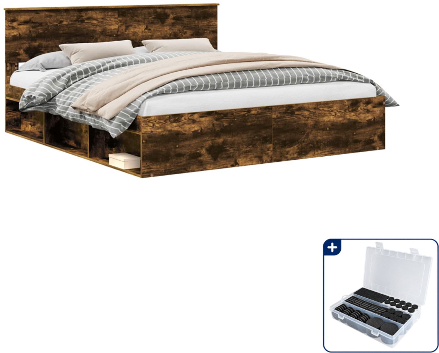 vidaXL bedframe met hoofdeinde - Kingsize - 180 x 200 cm - gerookt eiken - Inclusief antikrasvilt 177-delig Zwart
