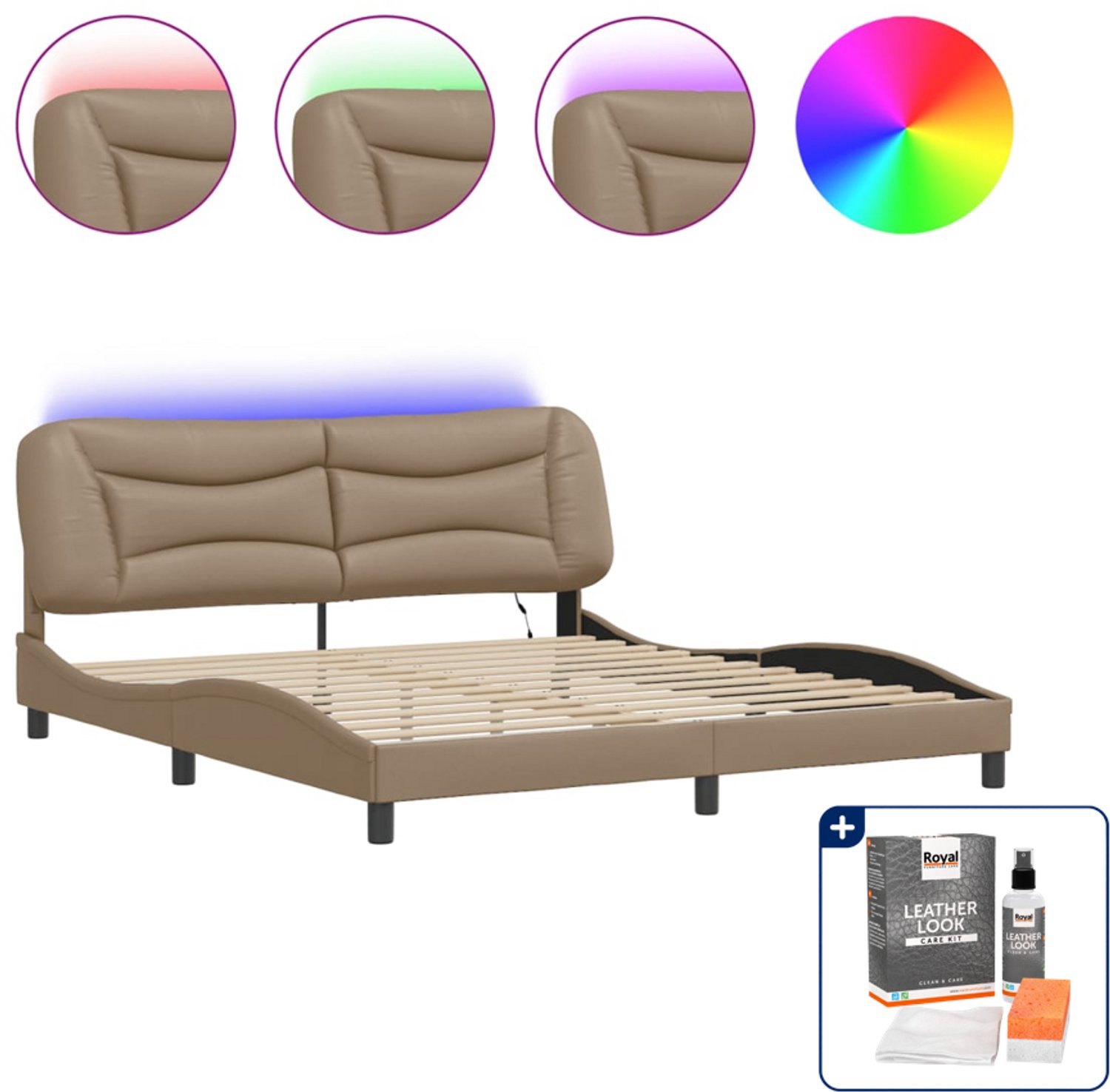 vidaXL Hvar bedframe - Kingsize - 180 x 200 cm - cappuccino - Inclusief onderhoudsset voor kunstleer 150 ml Wit