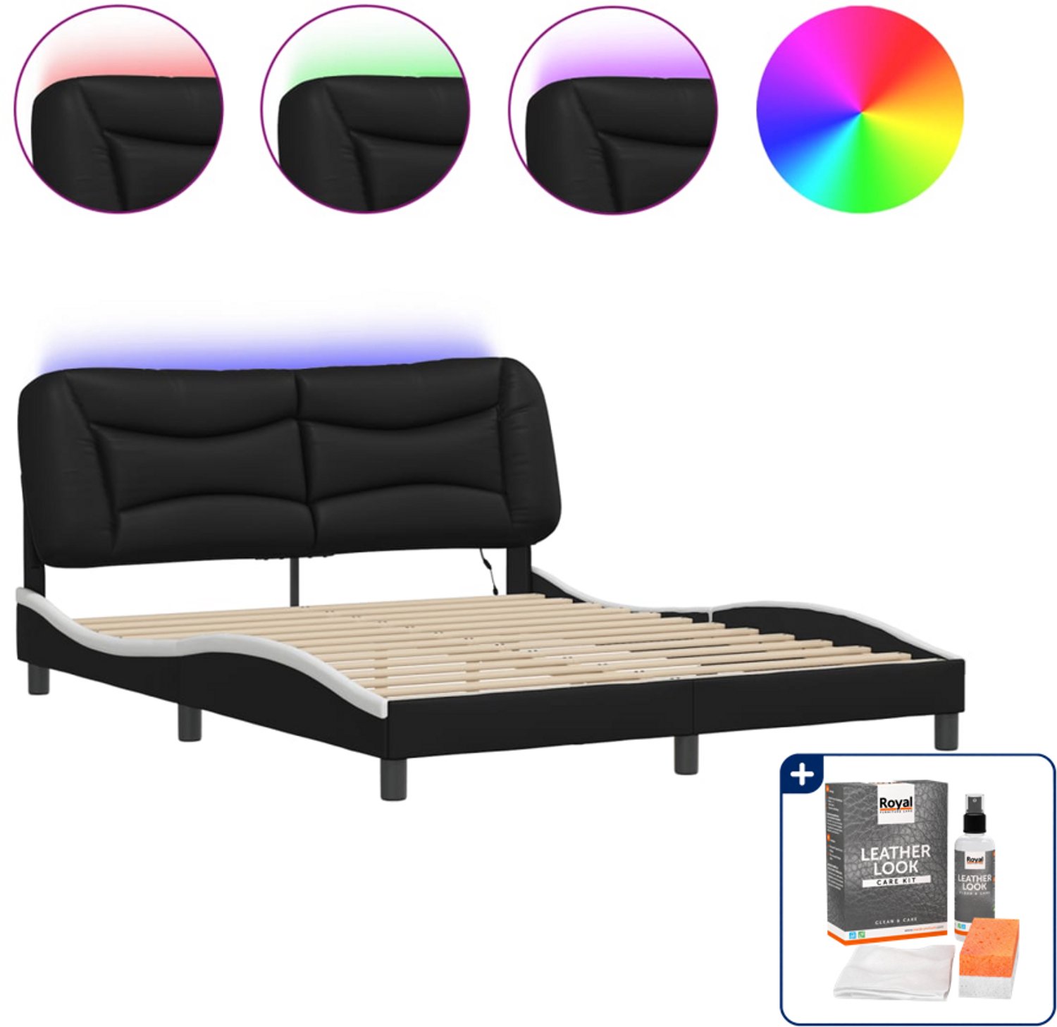 vidaXL Hvar bedframe - Queensize - 160 x 200 cm - zwart en wit - Inclusief onderhoudsset voor kunstleer 150 ml Grijs