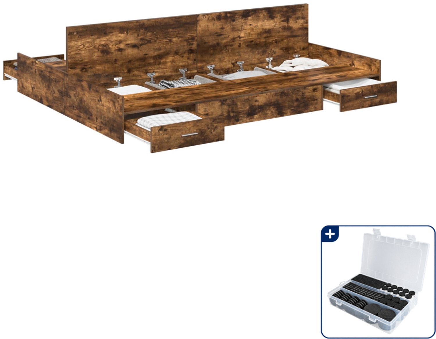 vidaXL opbergbedframe - 150 x 200 cm - bewerkt hout - gerookt eiken - Inclusief antikrasvilt 177-delig Bruin