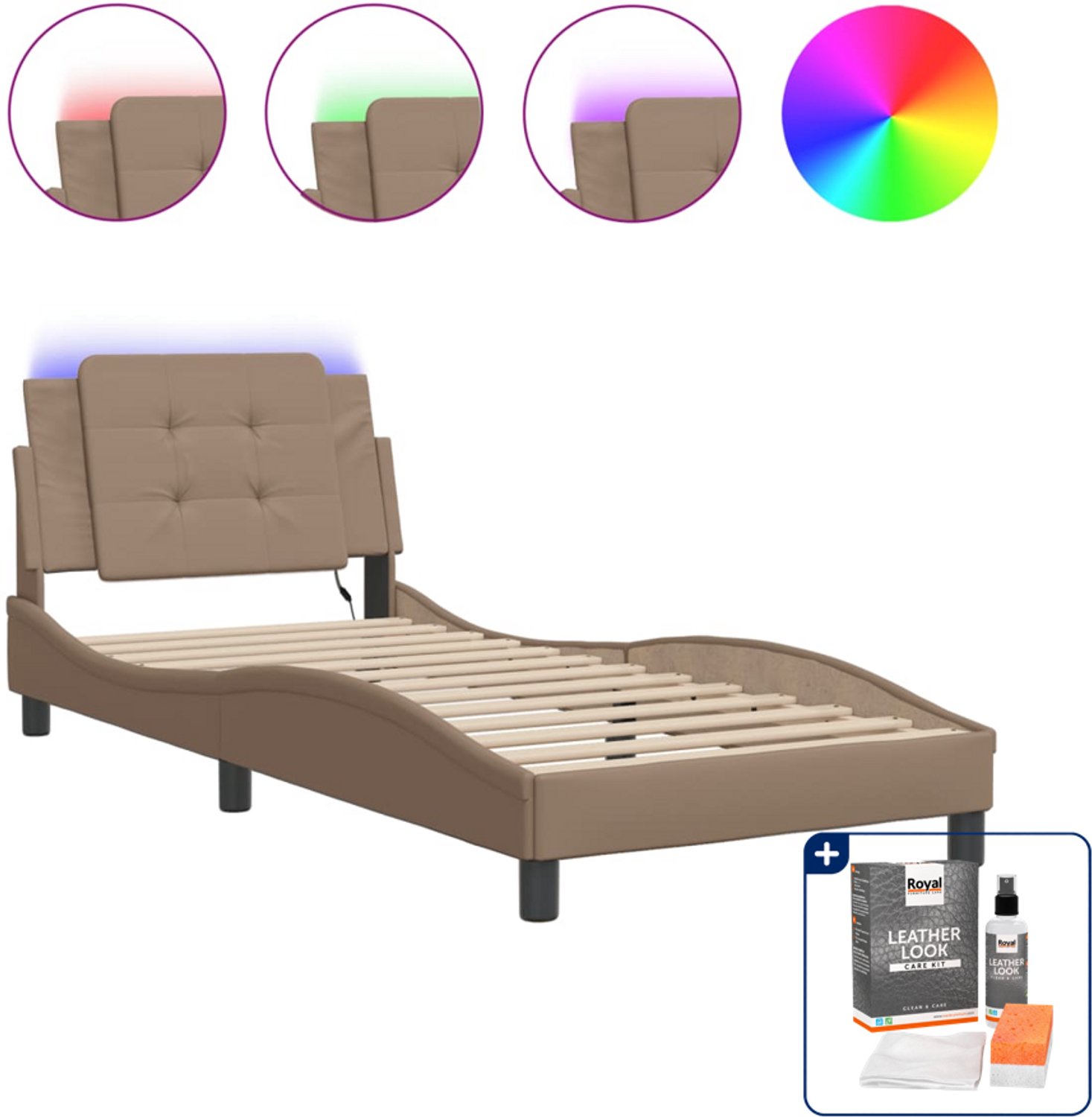vidaXL Zadar bedframe met LED - 100 x 200 cm - cappuccino - Inclusief onderhoudsset voor kunstleer 150 ml Bruin