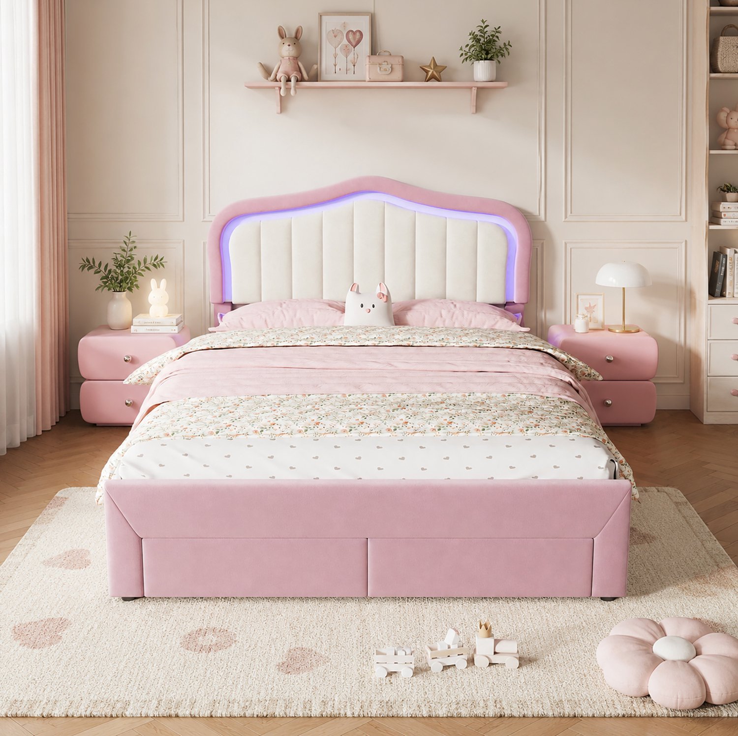 Maisentiel Gestoffeerd kinderbed 140 x 200 cm - Roze - 2 lades - LED-verlichting met app-bediening