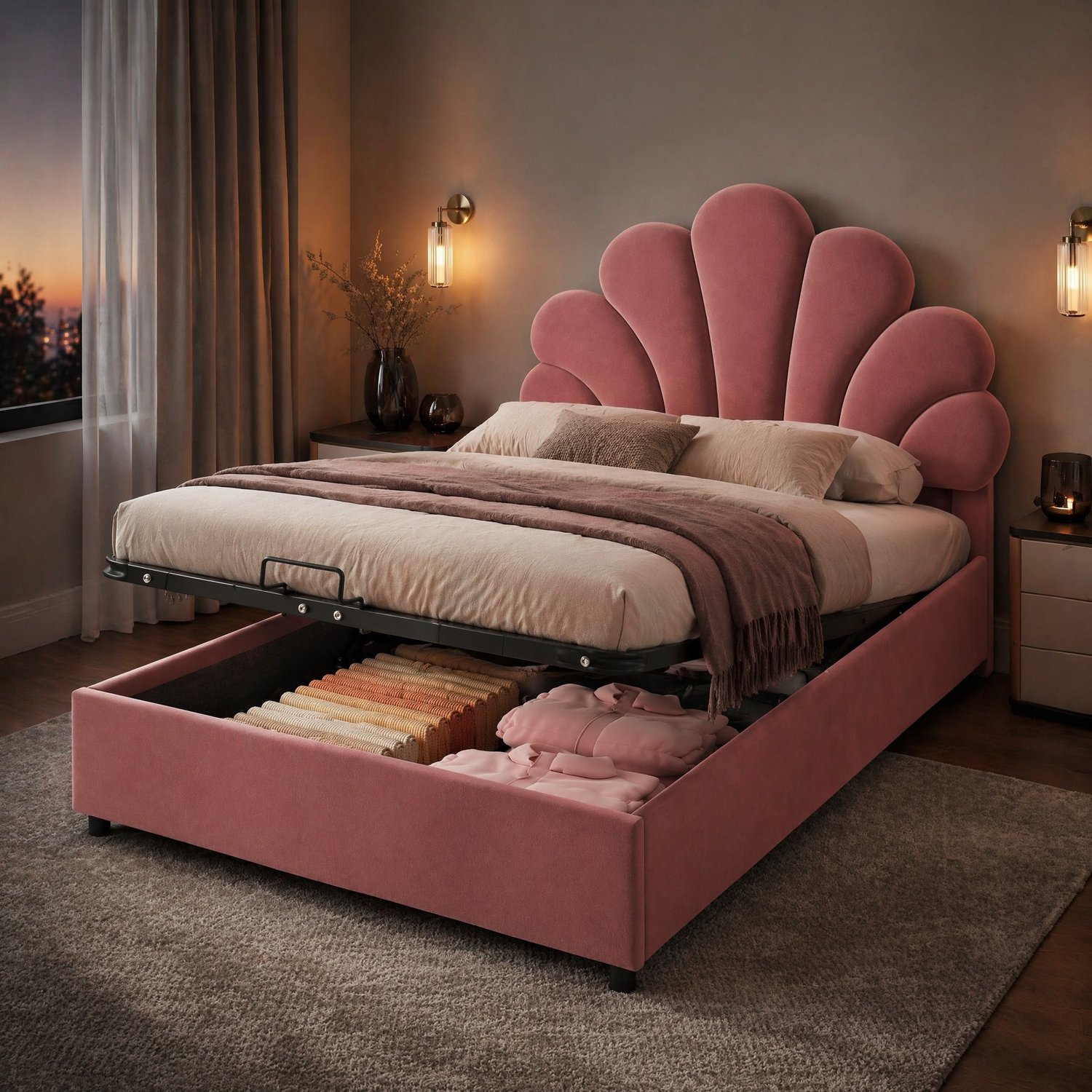 Maisentiel Gestoffeerd eenpersoonsbed 90 x 200 cm - roze - bloemvormig hoofdbord en opbergruimte