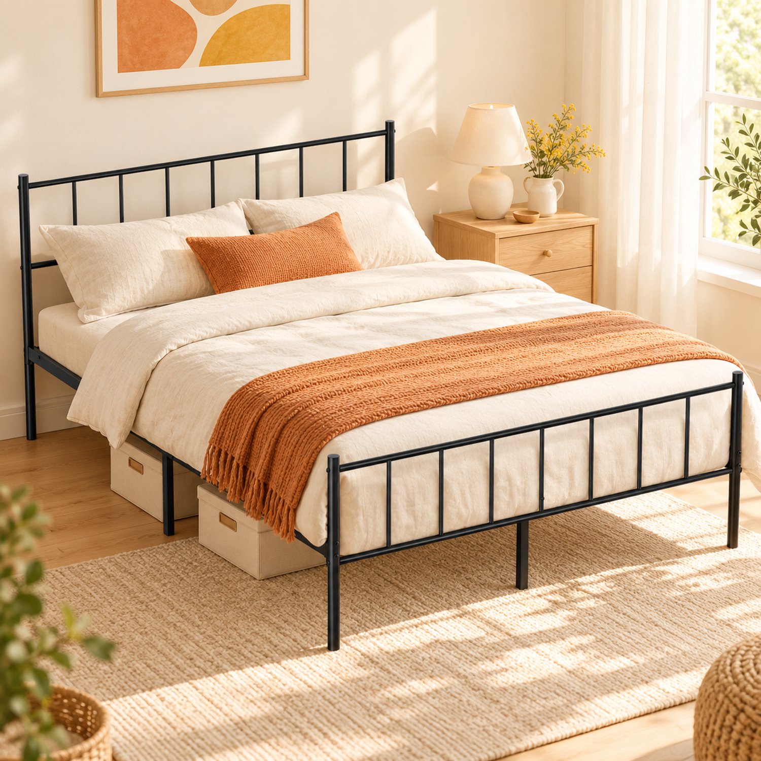Auralum max KUTAS Metalen Bed 160x200 cm - Tweepersoonsbed - met Hoofdbord en Metalen Lattenbodem - Stevig Bedframe - IJzeren Bed - Grote Opbergruimte - Eenvoudig te Monteren - Belastbaar tot 600 kg Zwart metalen bedframe