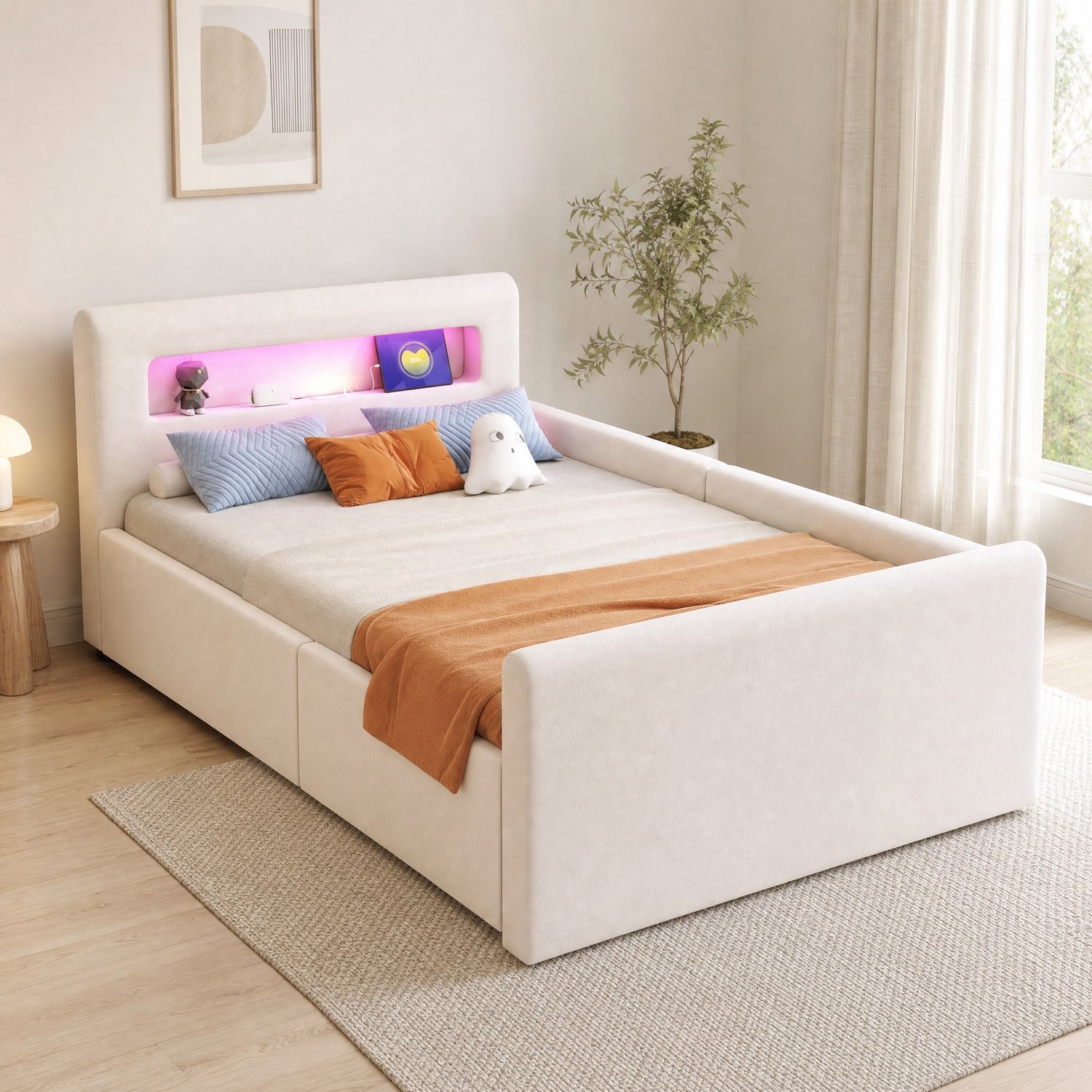 Maisentiel Beige kinderbed 90 x 200 cm met opbergruimte, LED-verlichting en USB-aansluiting Wit/gebroken wit