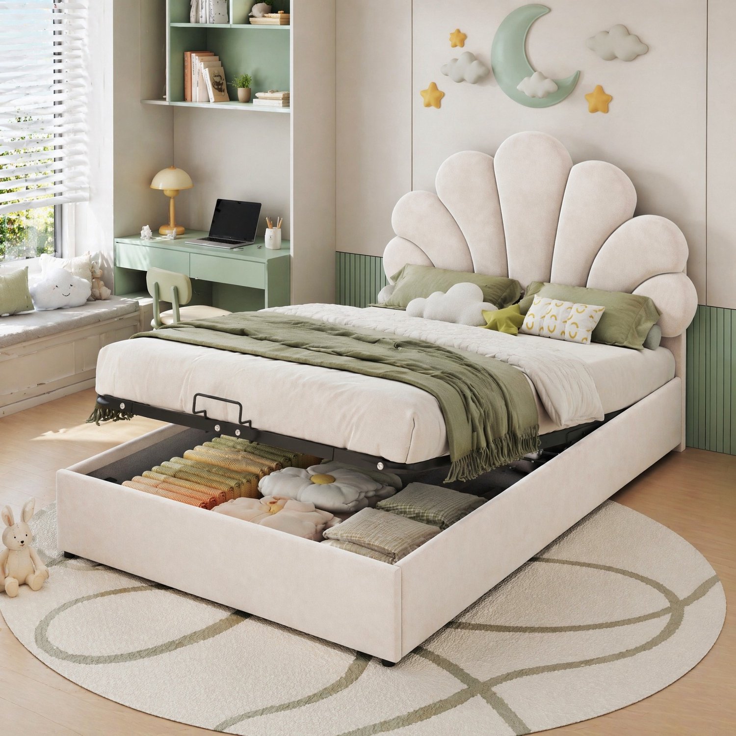 Maisentiel Gestoffeerd bed 90 x 200 cm beige - bloemvormig hoofdbord, lattenbodem en opbergruimte