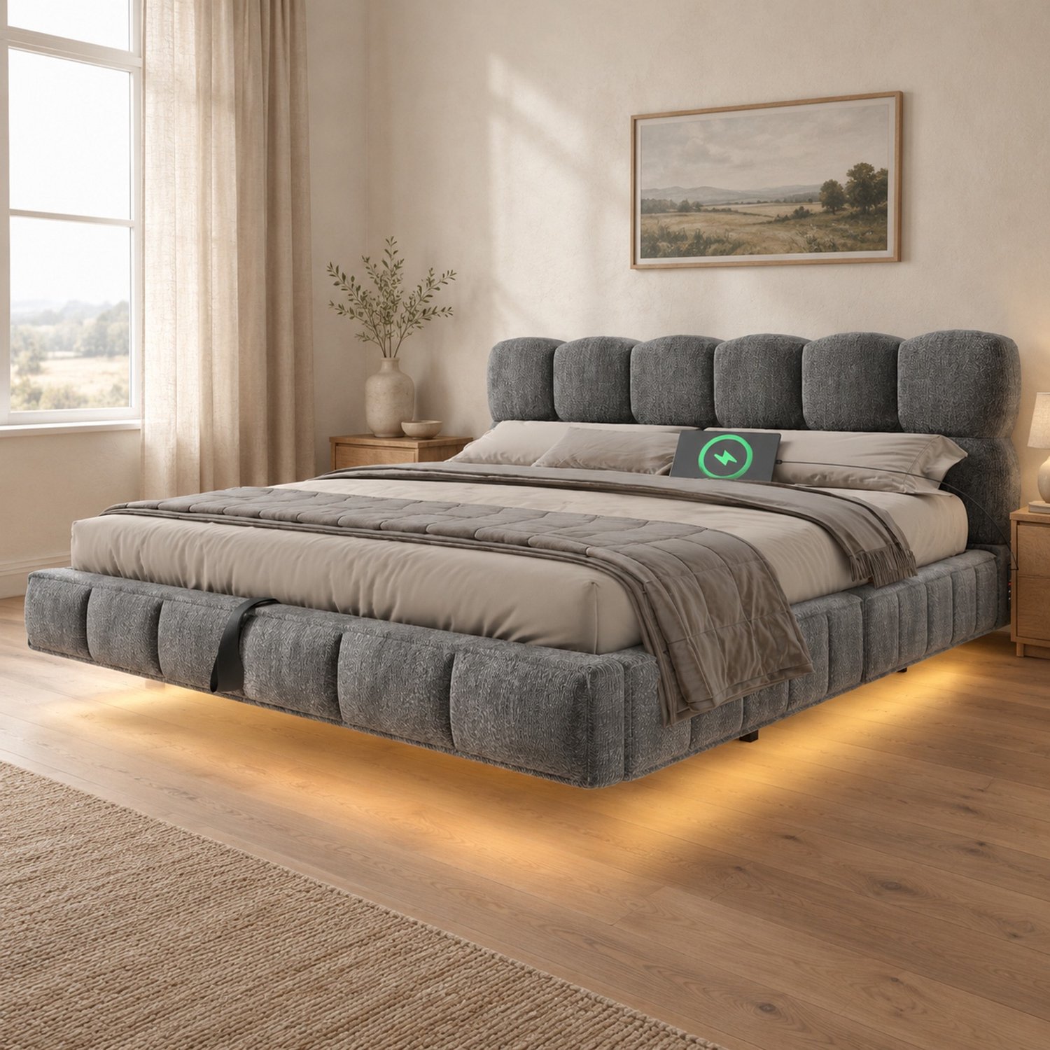 Maisentiel Gestoffeerd bed 140 x 190 cm - grijs chenille - opbergruimte, led en USB-C