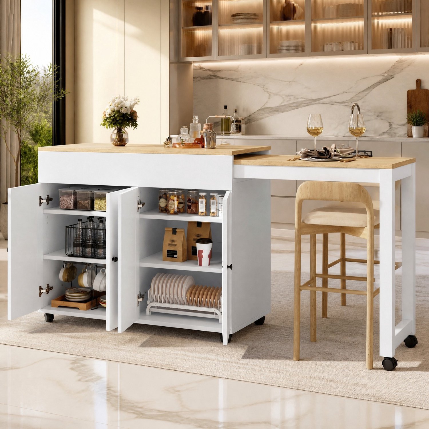 Maisentiel Uitschuifbare bartafel met opbergruimte - 117-180 x 50 x 94,6 cm - wit