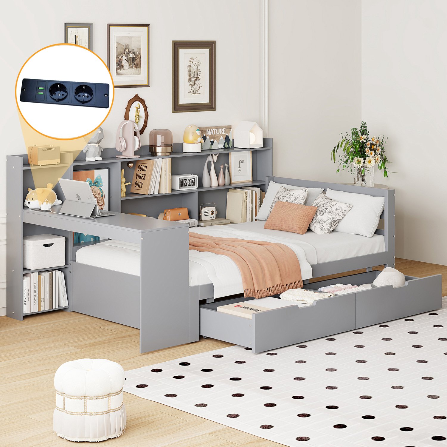 Maisentiel Bedbank 90 x 200 cm met bureau, opberglades en stopcontact - hout - grijs