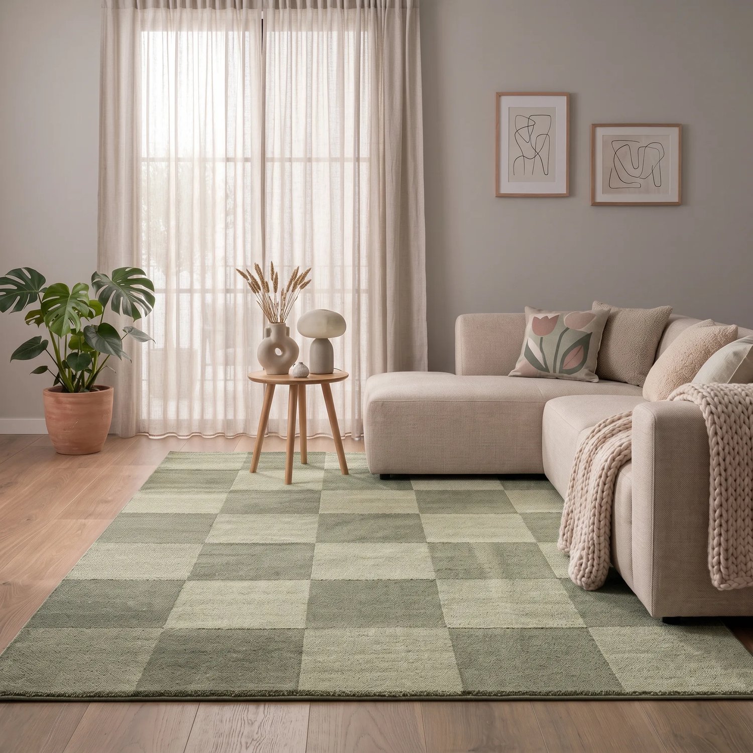 flycarpets Mysa Vloerkleed Groen - Geblokt - Laagpolig Tapijt - 80x150 cm