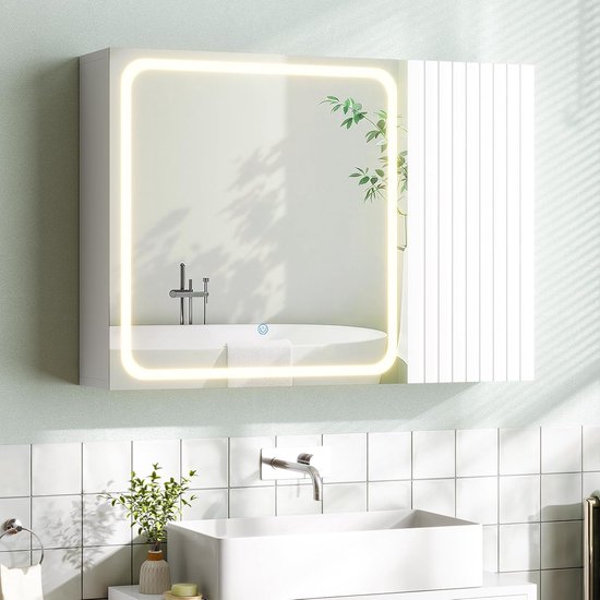 Badkamerwandkast met ledverlichting en HD-spiegel, badkamerkast met verstelbare legplanken, 3 kleurtemperaturen + dimbaar, wit, 16 x 60 x 80 cm HMTM-505046-1