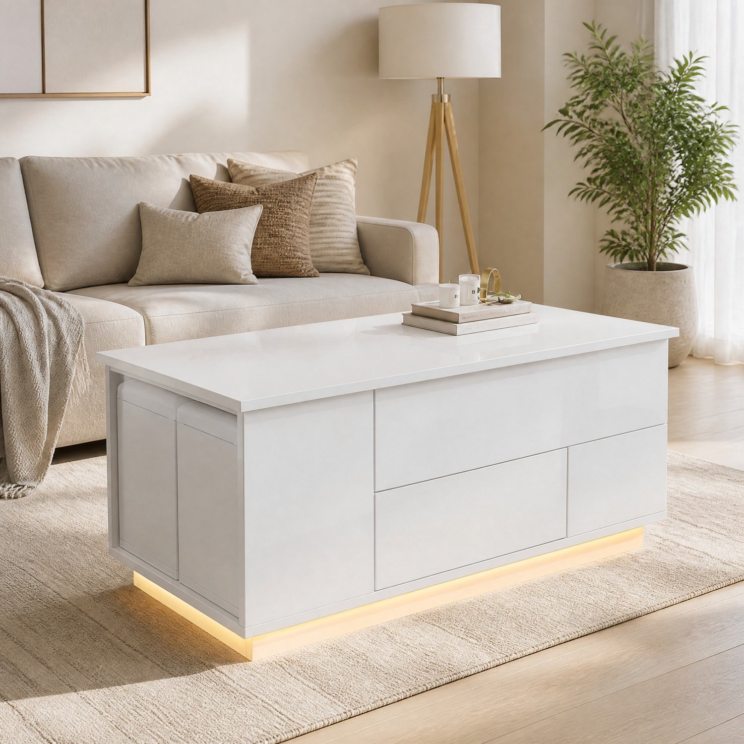 Maisentiel Witte salontafel met verstelbaar blad, LED, 2 lades en 2 opberghockers - 100 x 50 x 45 cm