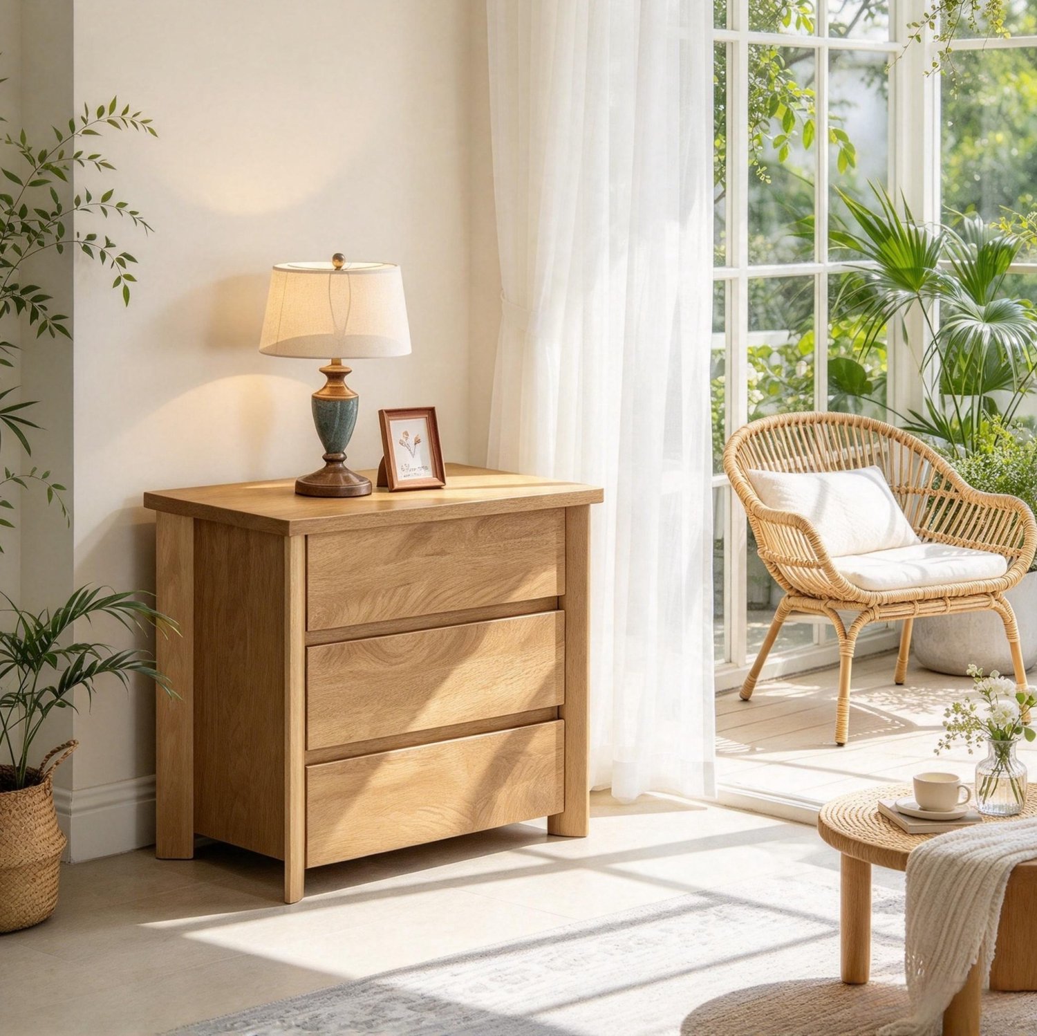 REDOM Nachtkastje 80 x 45 x 67 cm - 3 lades en houtlook - Naturel Naturel / bruin
