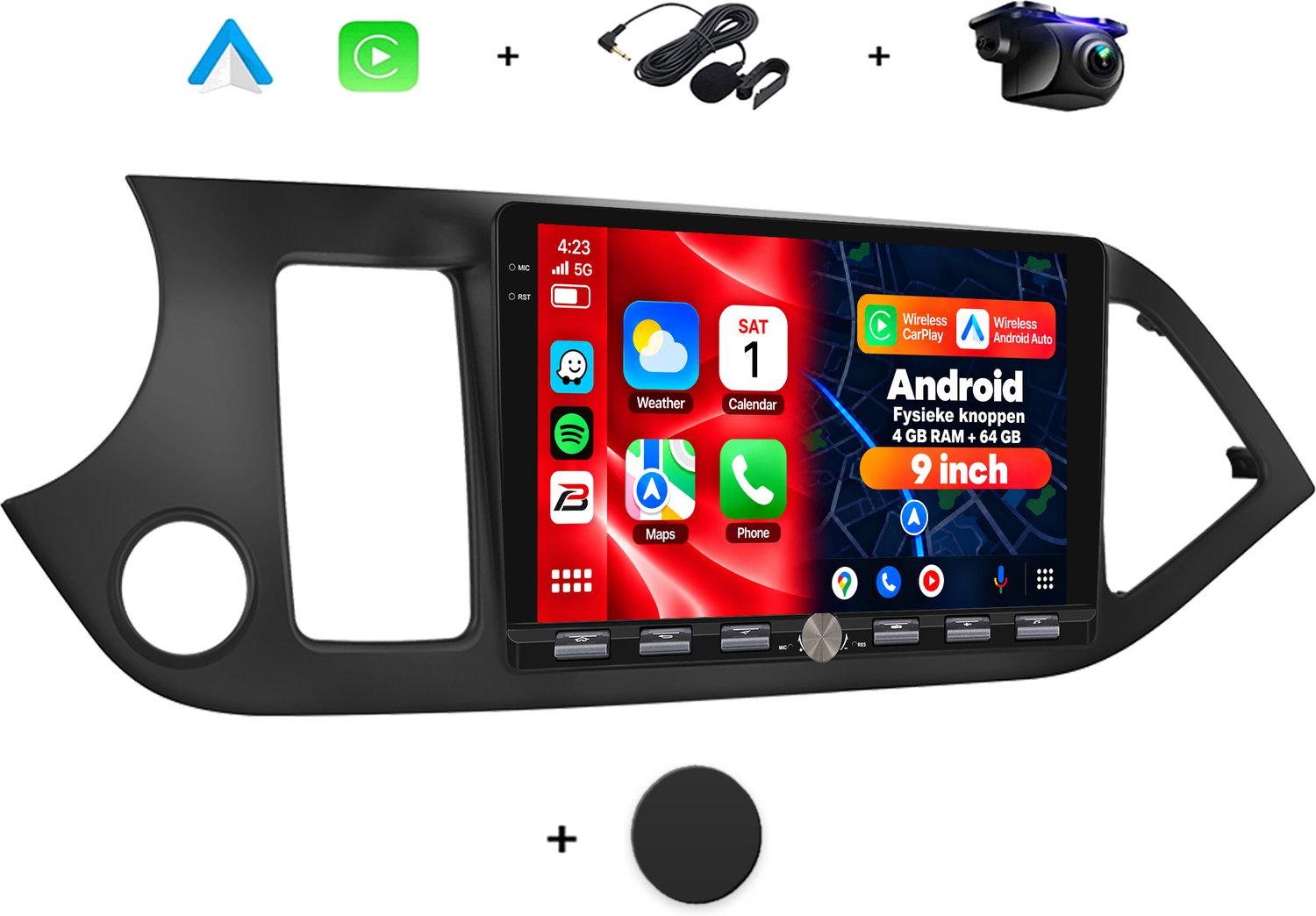 Boscer 2 DIN Android 15 Autoradio - Geschikt voor Kia Picanto (2011–2017) - Draadloos Apple Carplay & Android Auto - 9 inch HD IPS Touchscreen - 4+64GB - GPS Navigatie - WIFI, Bluetooth & USB - Achteruitrijcamera & Microfoon