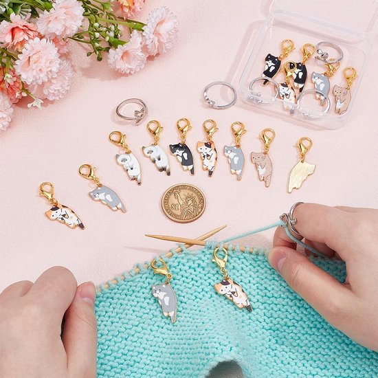 Cat Haakringen voor Haken, Inclusief 16 Kat Enamel Legering Hangers, Steekmarkeringen en 6 Katvormige Open Cuff Ringen voor Creatief Handwerk — afbeelding 2