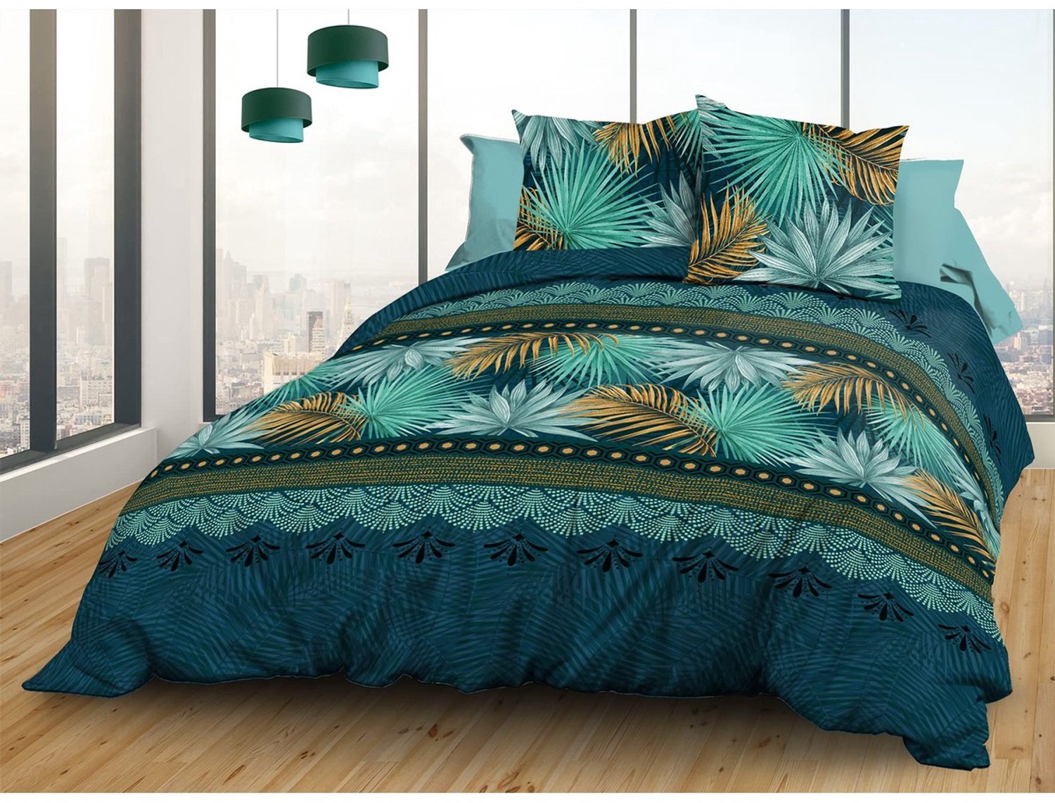 Duraxl Beddengoedset - 220 x 240 cm - Katoen - Blauw, groen en saffraan