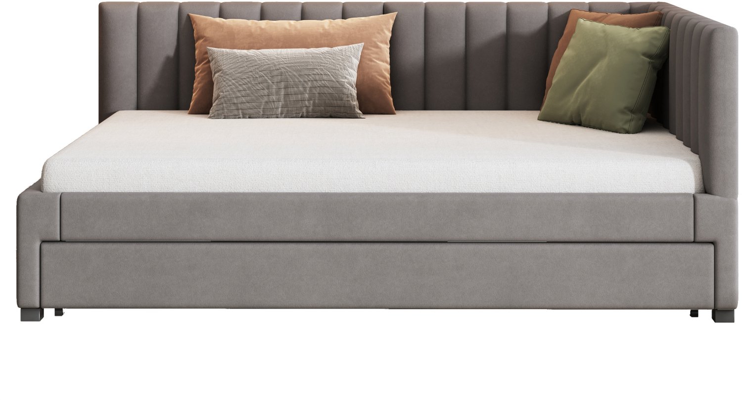 MUVANO Gestoffeerd bed 140 x 200 cm - Slaapbank met uitschuifbed - Zachte fluwelen bekleding en lattenbodem - Logeerbed voor slaapkamer - Grijs