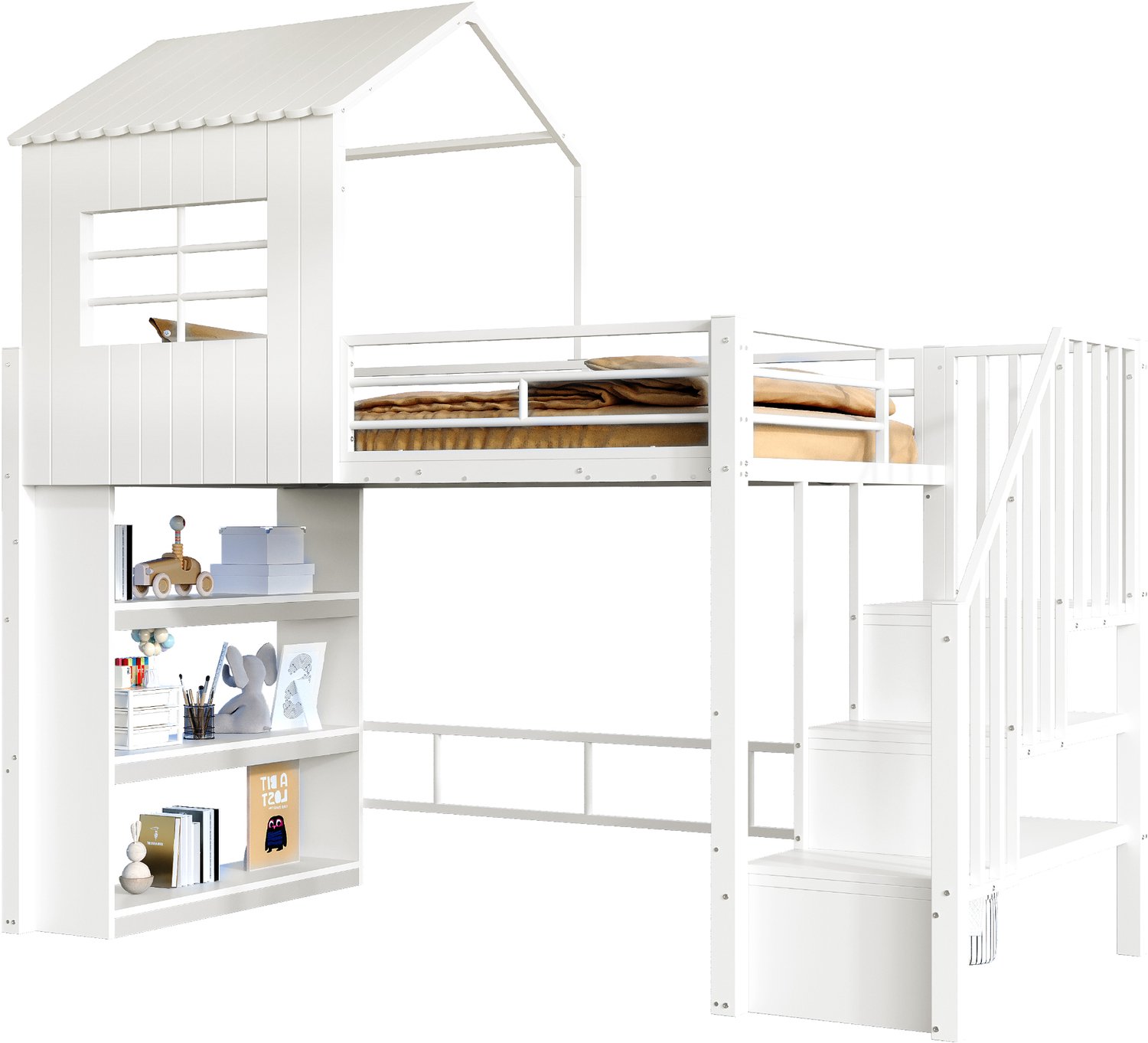 MUVANO Witte metalen hoogslaper 90x200 - kinderhoogslaper in huisvorm met opbergtrap, hoge uitvalbeveiliging, opbergrek en ruimte voor bureau