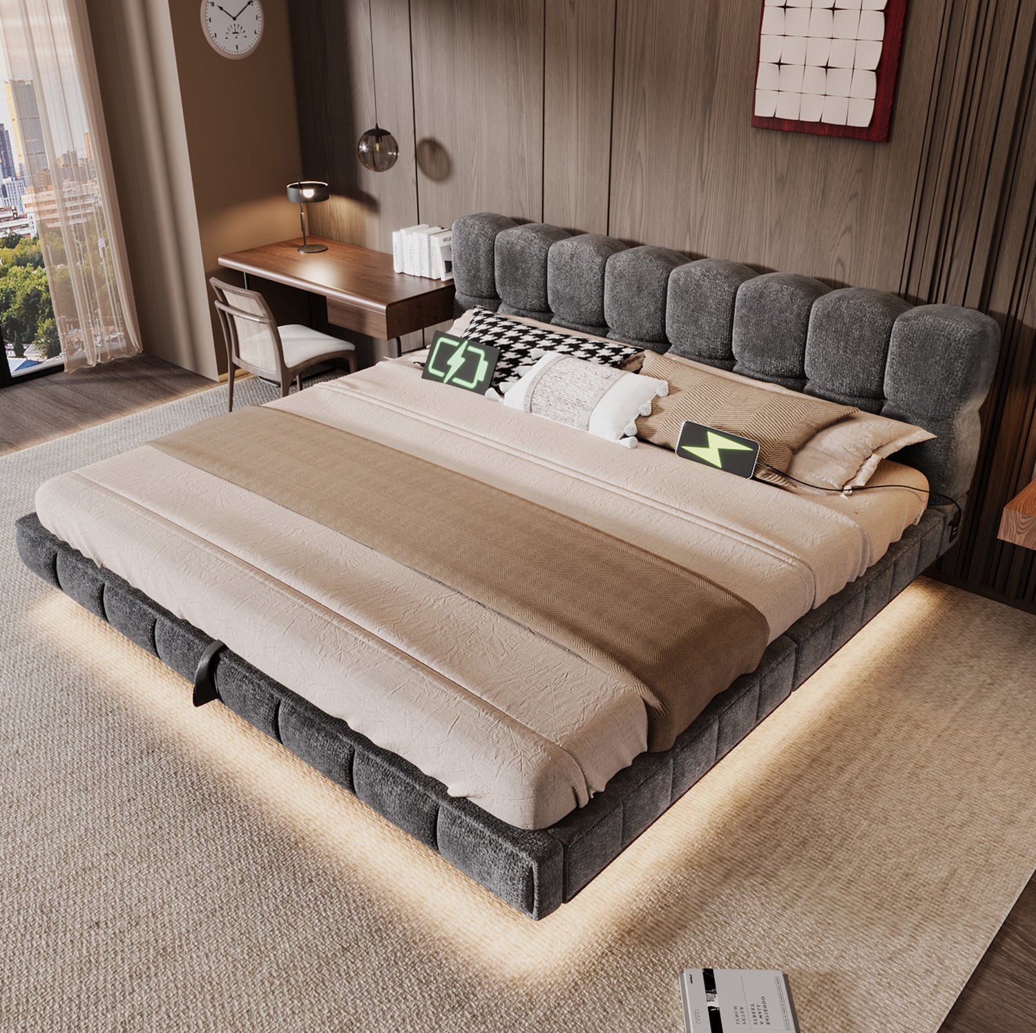 MODFU Tweepersoonsbed - Hydraulische Opbergruimte - LED En USB-C - Chenille - Grijs - 180x200 cm