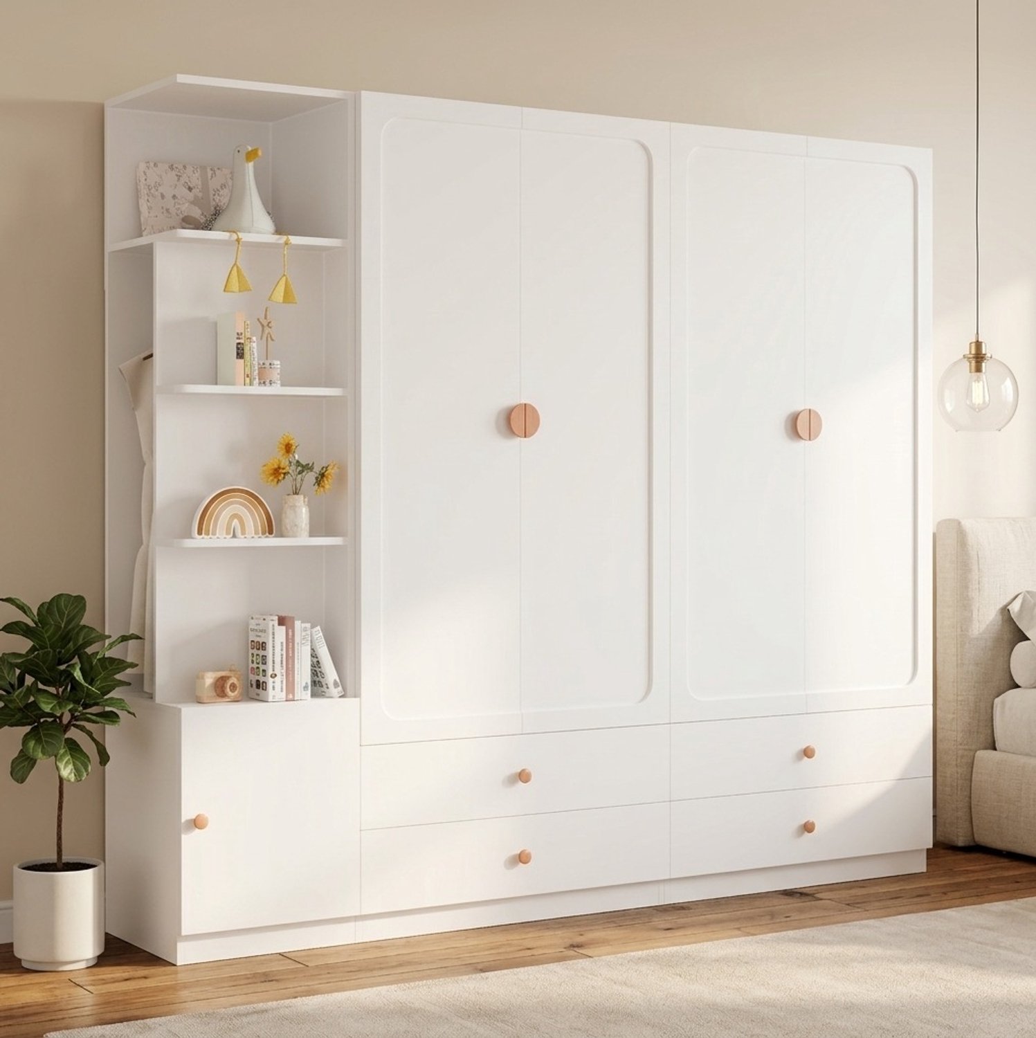 REDOM Kledingkast 225 x 45 x 200 cm - 3 kledingroedes, 4 lades en zijkast links of rechts - Wit