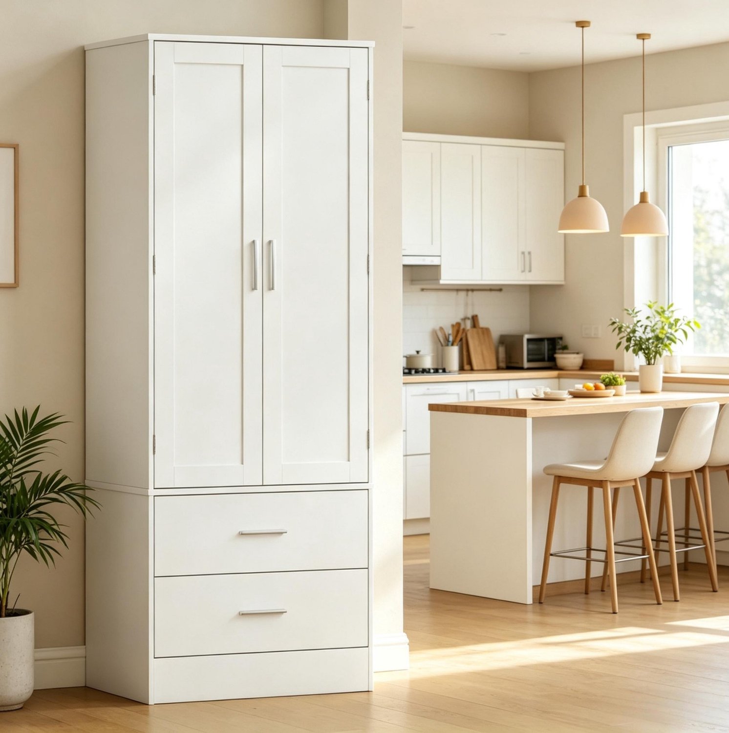 DESMIU Keukenkast - 2 Deuren, 2 Lades en 8 Kruidenrekken - Verstelbare Legplanken voor de Keuken - MDF en Spaanplaat - 60x40x159 cm - Wit