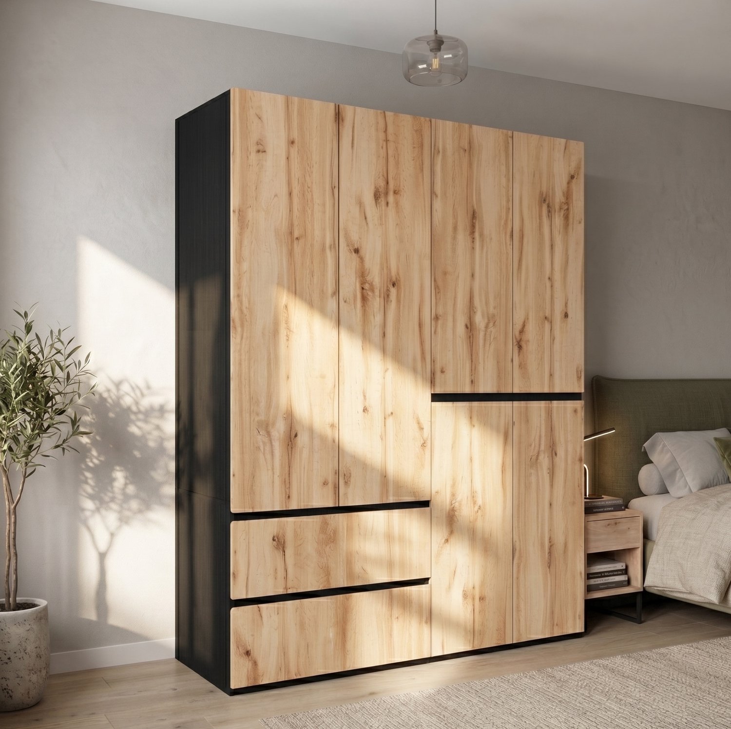 Wishdor Kledingkast met 6 draaideuren - 2 kledingroedes en 5 lades - Opbergvakken en hangruimte - Eikenlook met zwarte accenten - Slaapkamer hal kinderkamer kantoor - MDF - 180 x 50 x 200 cm Eiken houtkleur met zwarte accenten