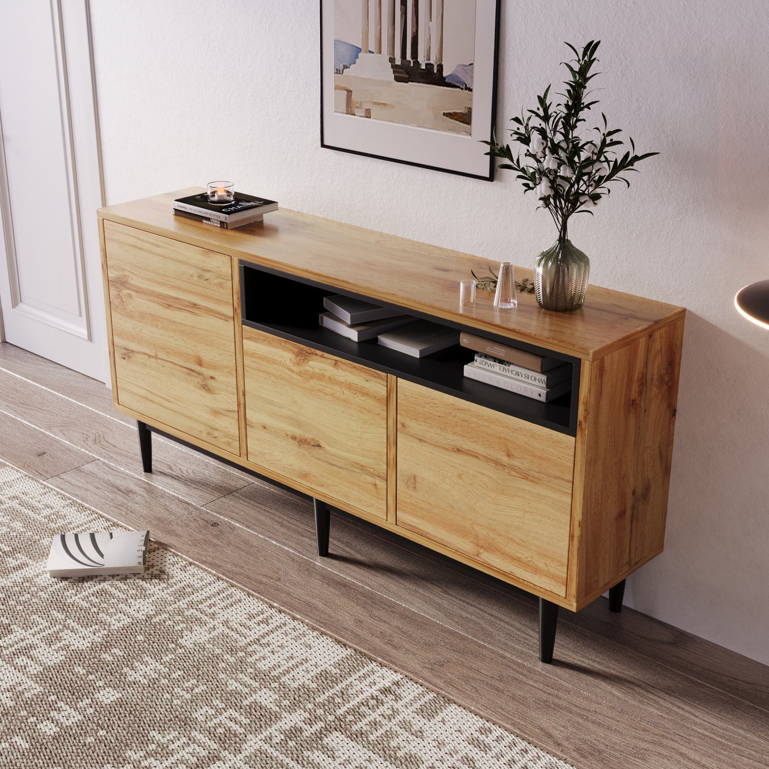 Maisentiel Dressoir met 3 deuren en verstelbare planken - 160 x 35 x 76 cm - houtkleurig en zwart Naturel hout, zwart
