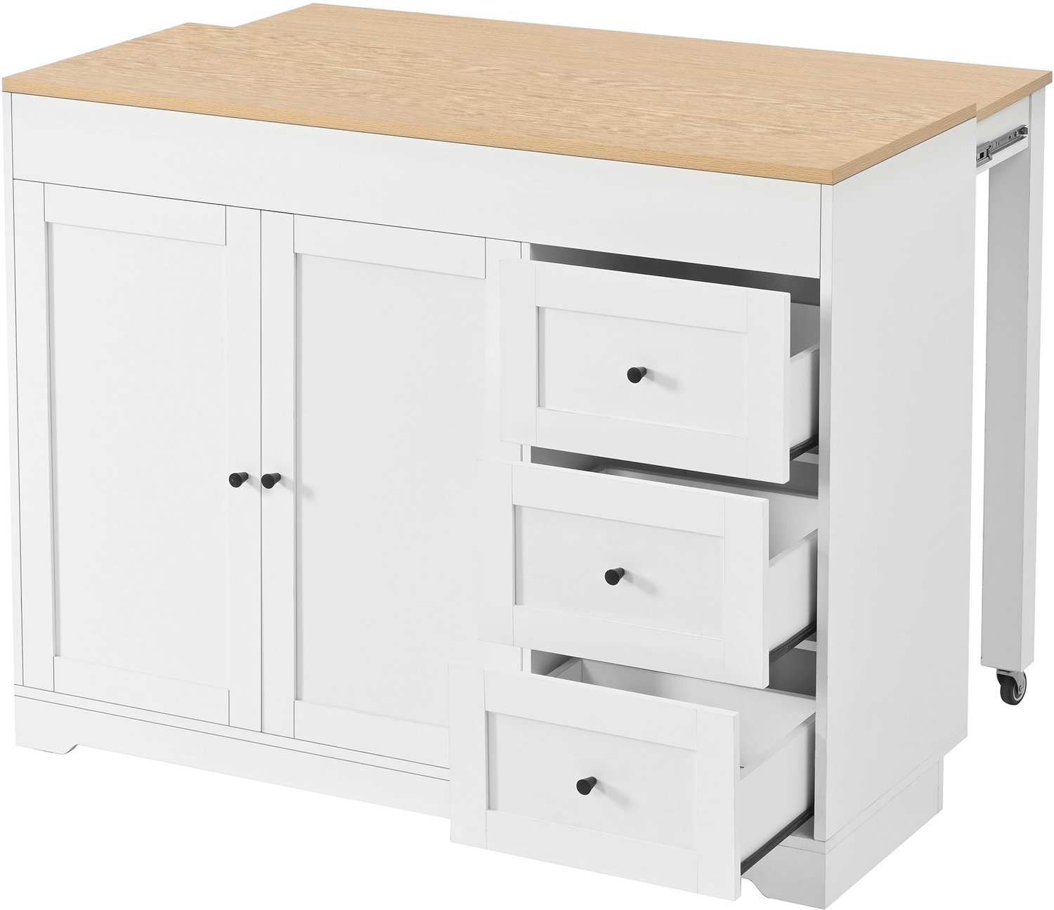 MUVANO Wit keukeneiland op wielen - Keukentrolley met 3 lades en 2 deuren - MDF met werkblad in houtlook - 120 cm lang en 92 cm hoog - Voor de keuken