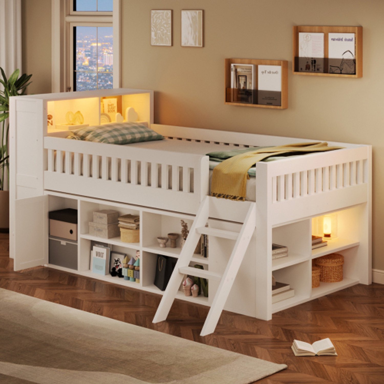 Zubaliya Kinderbed, Tweepersoonsbed, 120 × 200 cm Houten bed met LED-verlichting en opbergruimte, Wit
