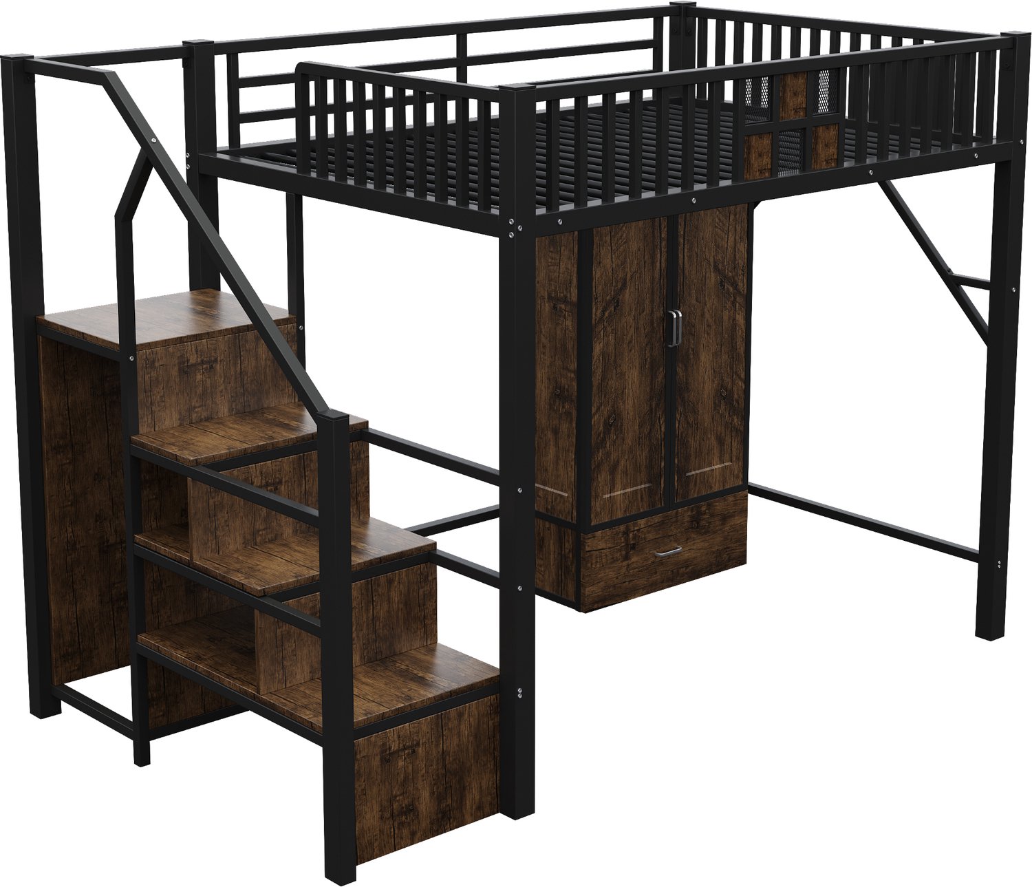 MUVANO Hoogslaper 140x200 cm - Met grote kledingkast, laden en opbergladder - Metalen frame met houten panelen - Voor volwassenen en studenten - Zwart