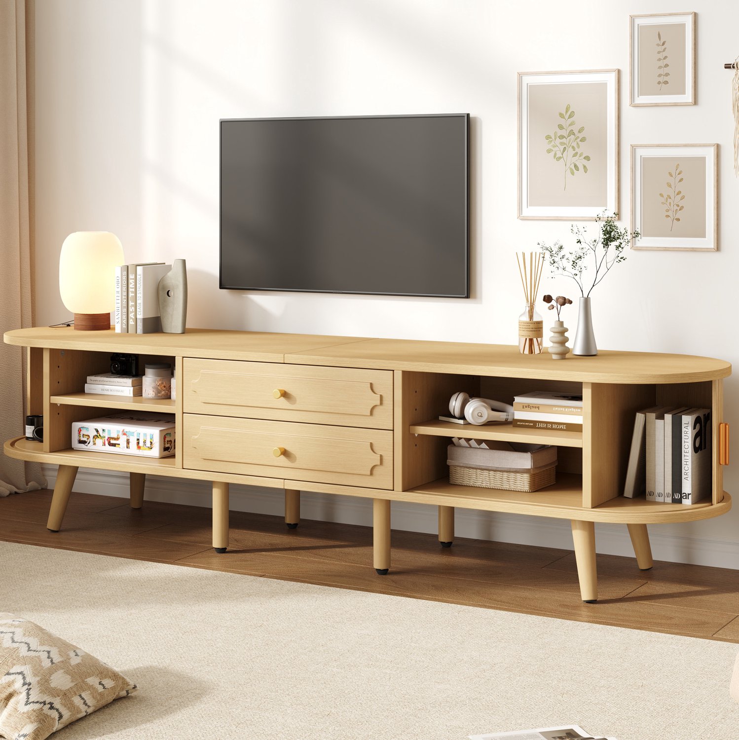 DESMIU Tv-Meubel - 2 Lades en 2 Schuifdeuren met Verstelbare Planken - voor de Woonkamer - MDF en Hout - Naturel - 170x40x43 cm
