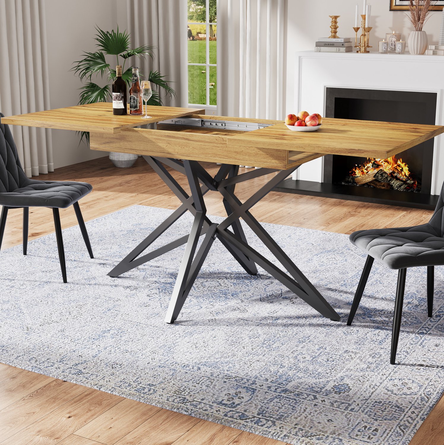Maisentiel Uitschuifbare eettafel 120-160 x 80 cm - walnootlook - zwart metalen onderstel Walnootkleur