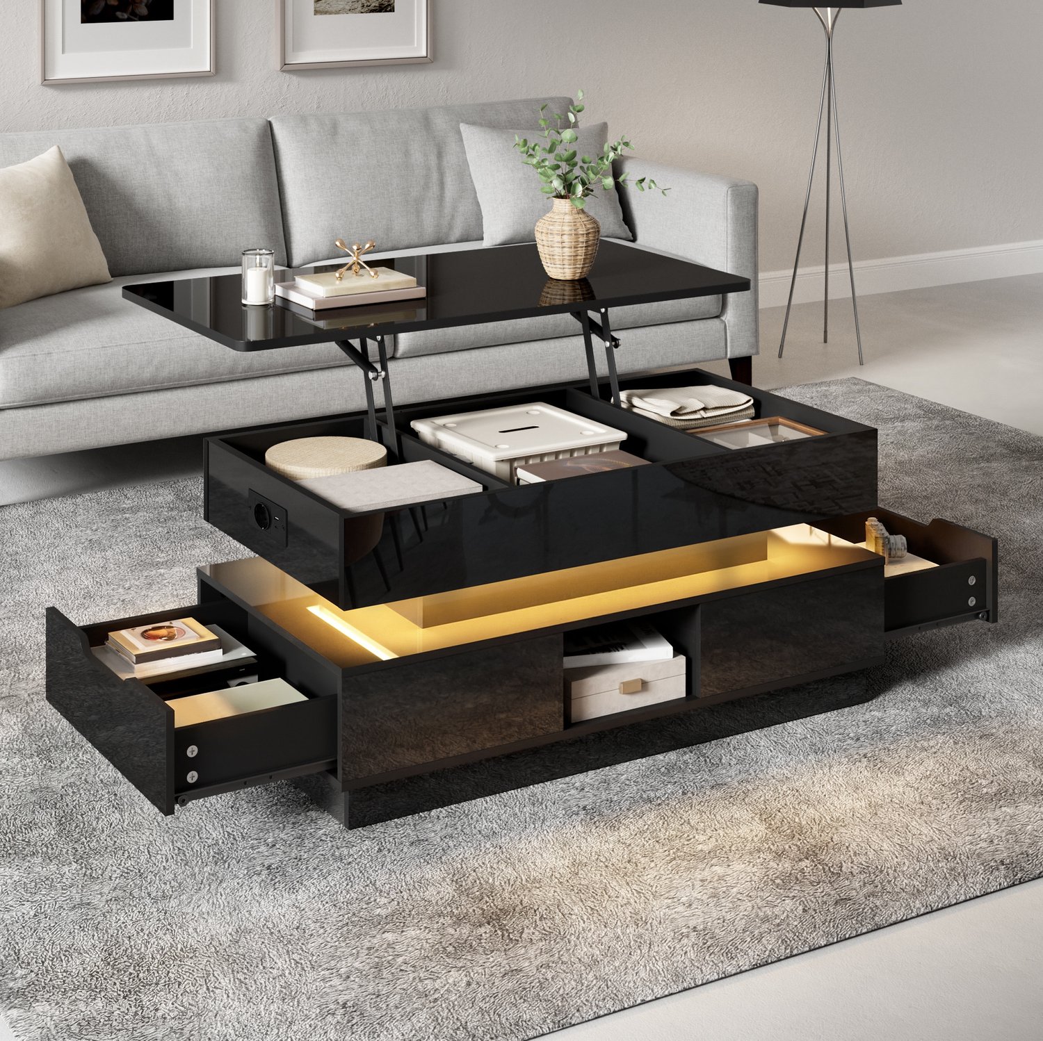 Maisentiel Zwarte salontafel van MDF met liftblad, opbergruimte, ledverlichting en stopcontact