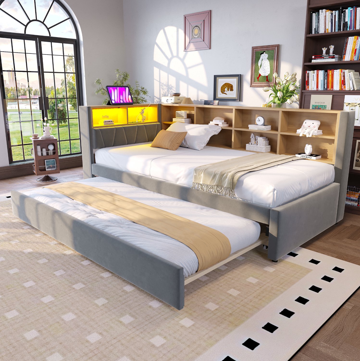 Maisentiel Bedbank met uitschuifbed 90 x 200 cm, opbergruimte en LED-verlichting - donkergrijs