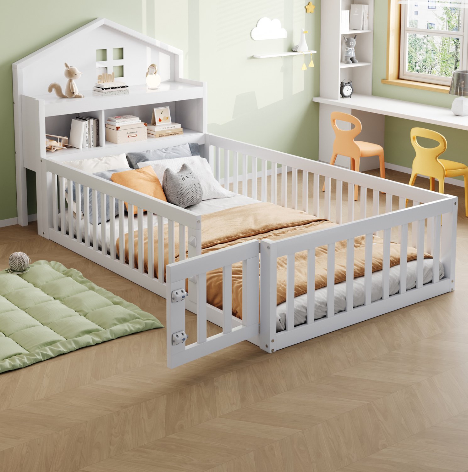 Maisentiel Kinderbed 90 x 200 cm - huisvorm, opbergruimte, uitvalbeveiliging en lattenbodem - wit
