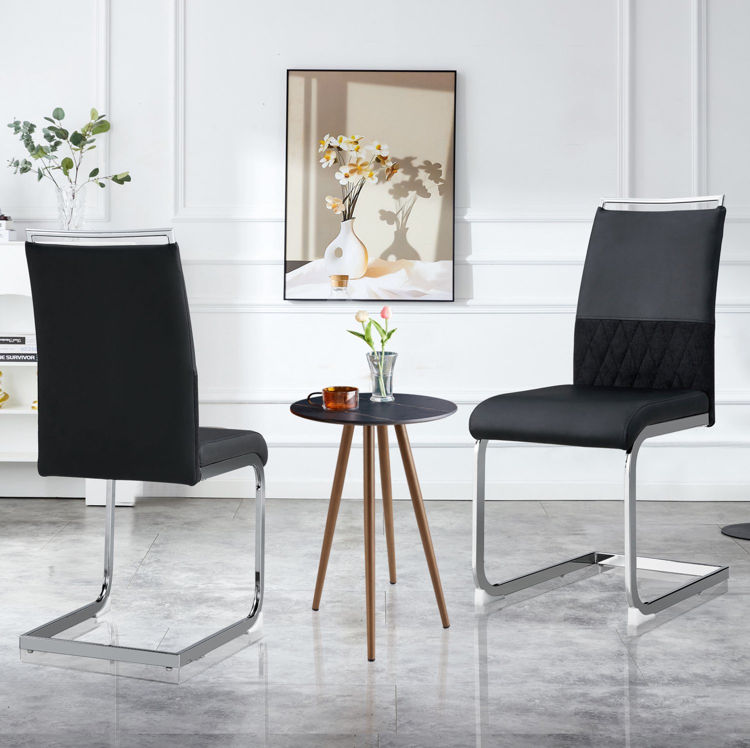 Maisentiel Eetkamerstoelen set van 2 - zwart - kunstleren zitting - metalen onderstel