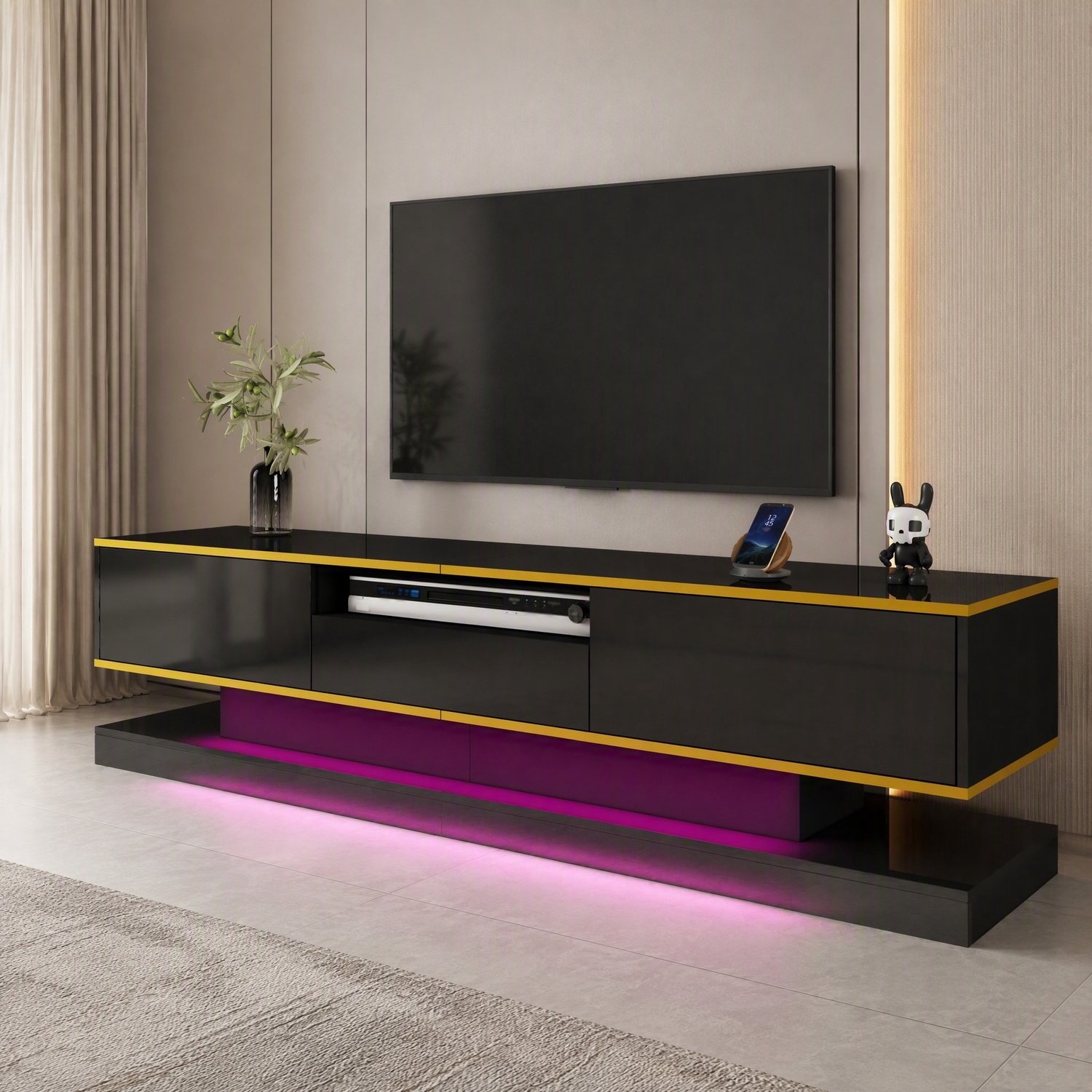 Maisentiel Tv-meubel 180 cm met 3 lades en open vak - zwart hoogglans met ledverlichting Zwart, goud