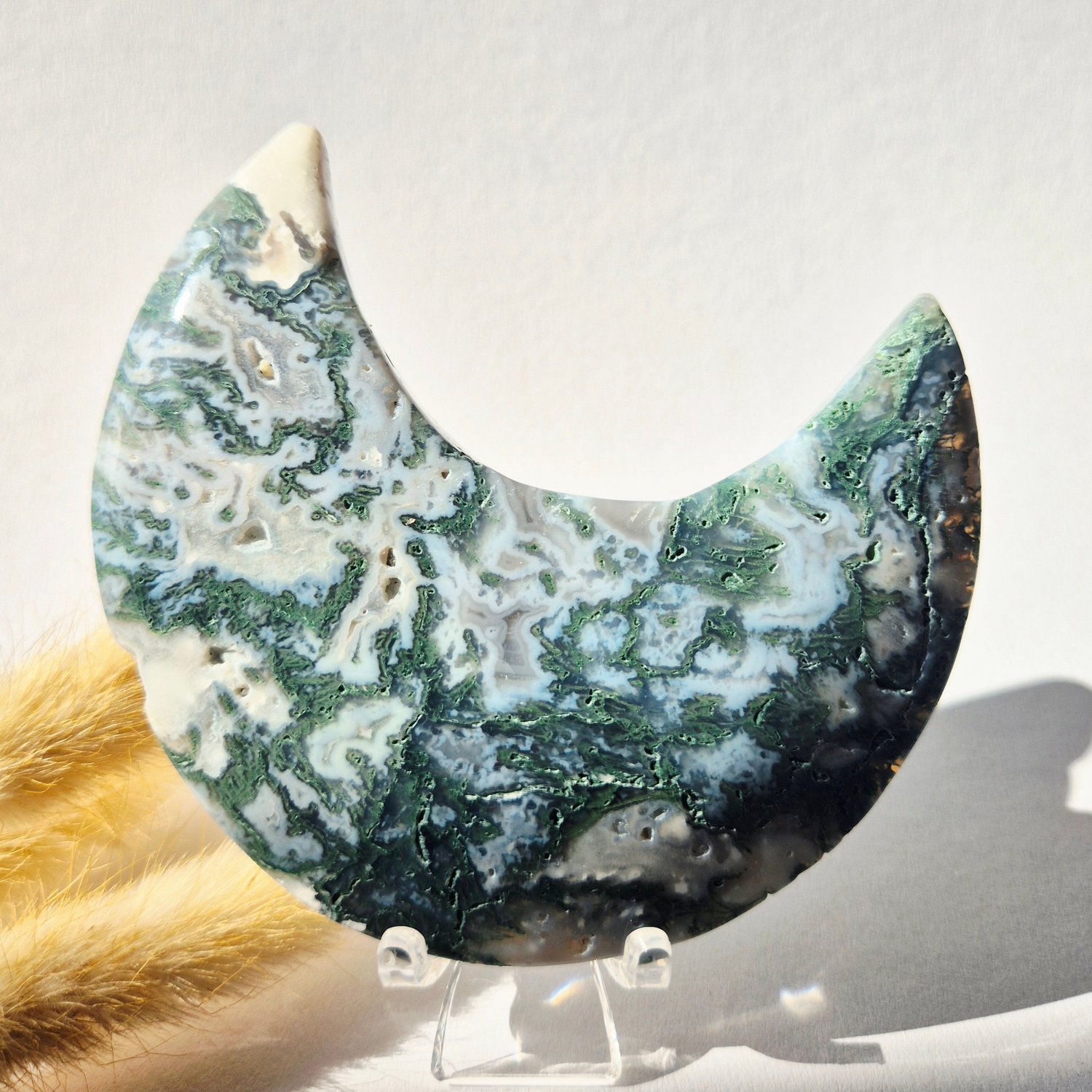 Moonlight Gemstones Edelsteen Mosagaat Maan op Standaard (Druzy & Patronen) Agaat - #301 10-12cm Meerkleurig